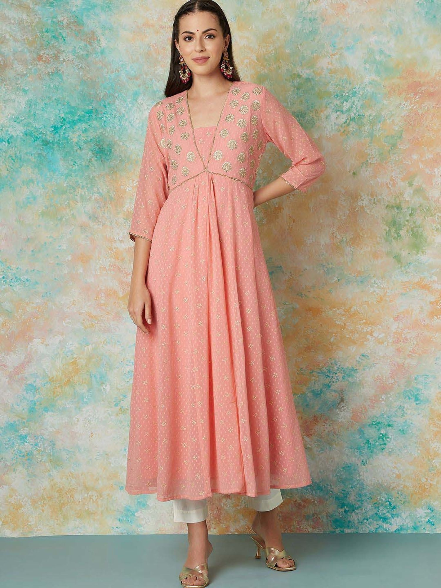 Melange by Lifestyle Peach Embroidered Kurta & Pant Set With Dupatta