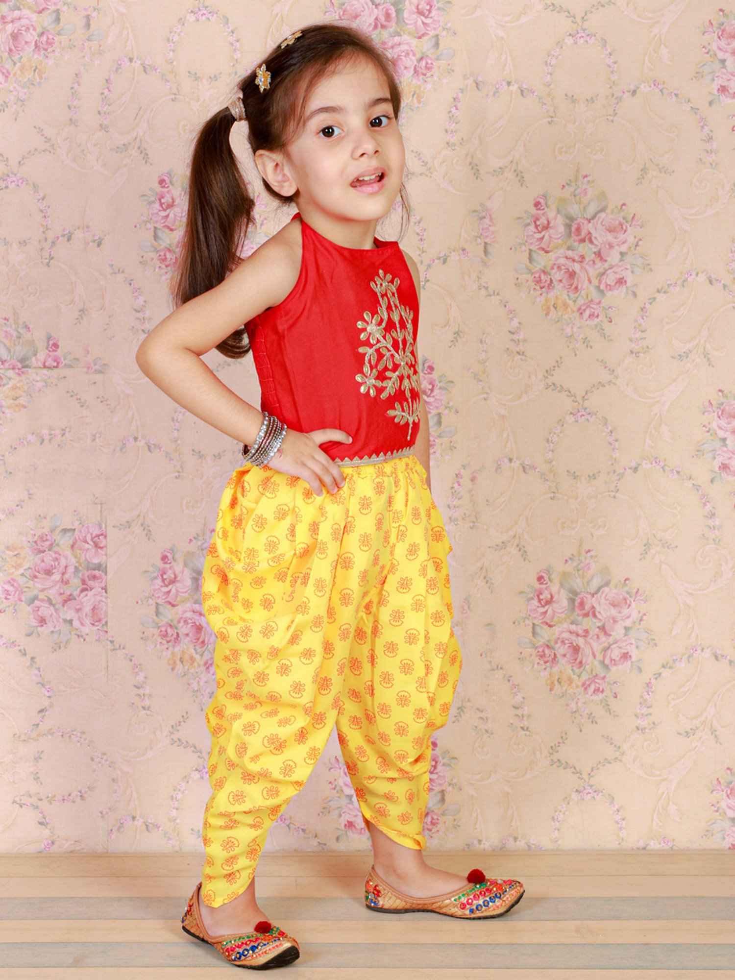 TWISHA Kids Red & Yellow Embellished Top with Dhoti