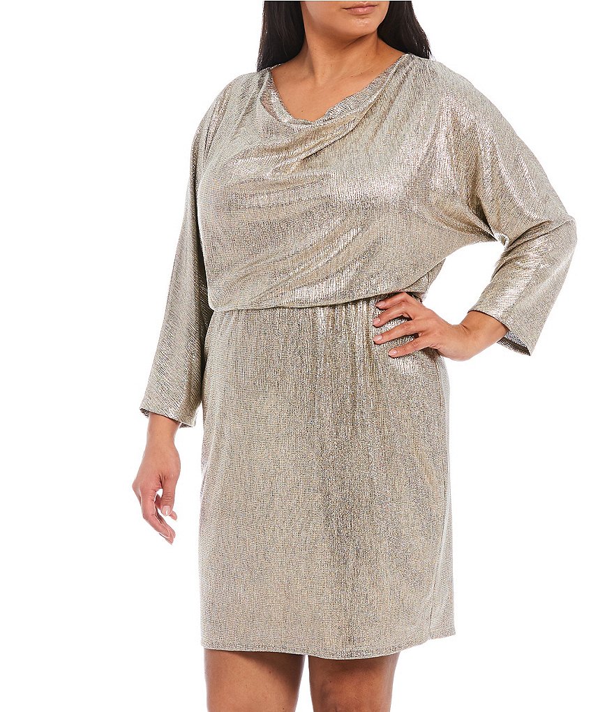 Jessica Howard Plus Size 3/4 Sleeve Drape Cowl Neck Metallic Blouson Dress