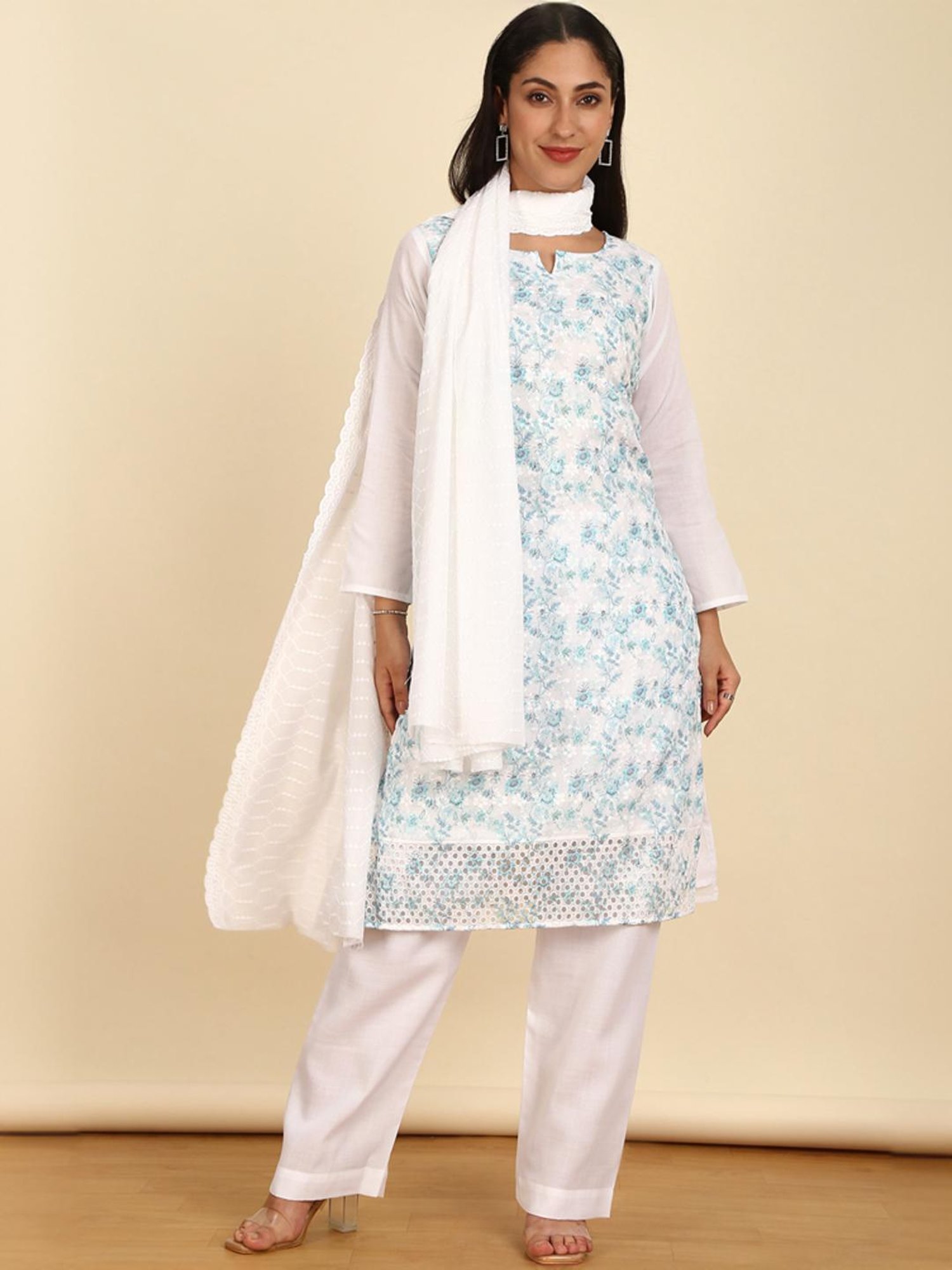 Soch Womens Blue Cotton Embroidered Unstitch Dress Material With Schiffli