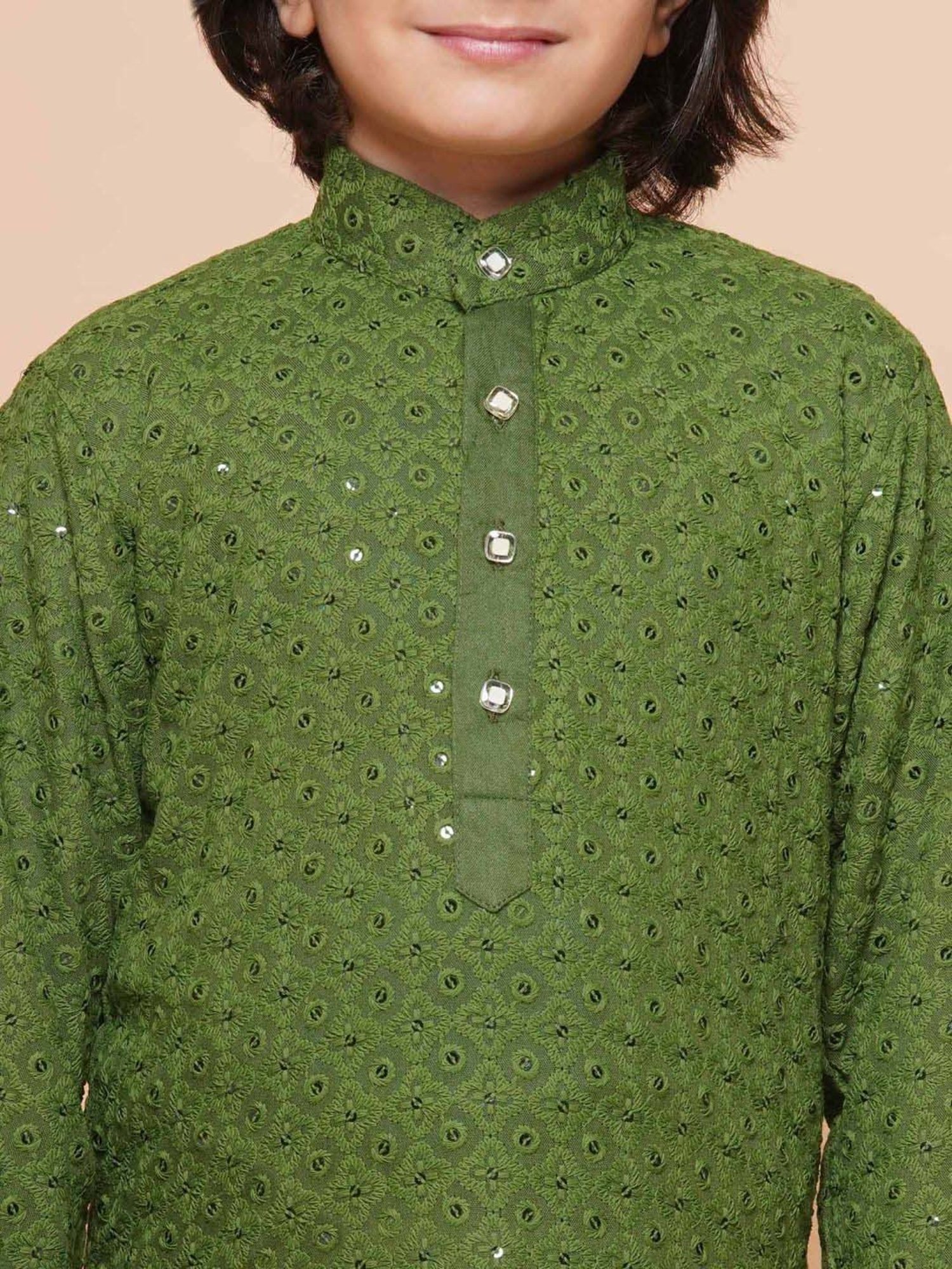AJ Dezines Kids Green & White Cotton Embroidered Full Sleeves Kurta Set