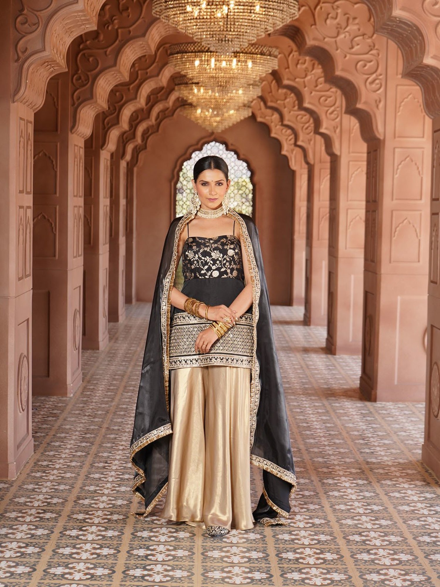 Monk and Mei Ayesha Strap Kurta with Satin Sharara & Dupatta