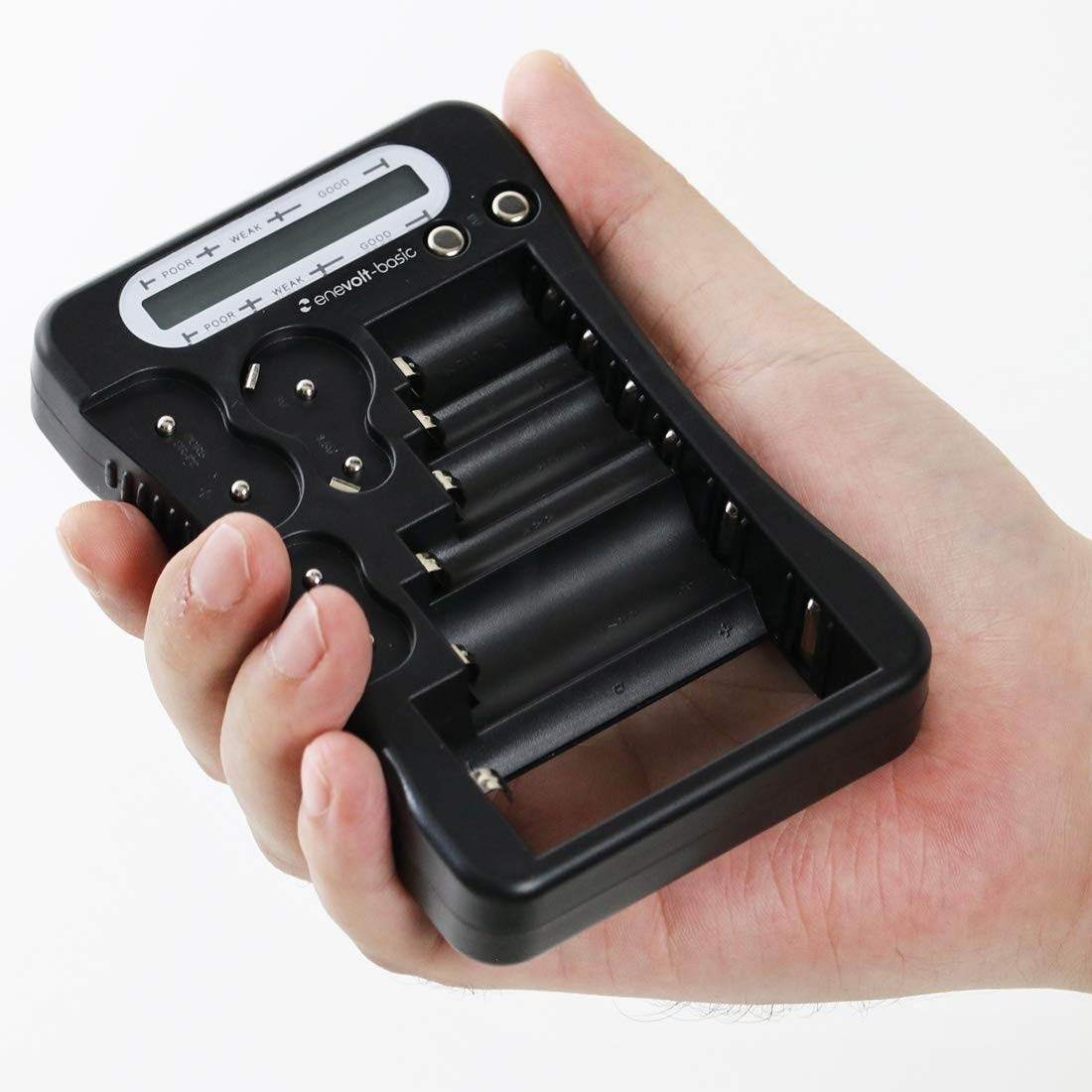 Enevolt-Basic Universal Battery Tester with Display for AA AAA C D N 9V CR123A CR2 3V 1.5V 2CR5 CR-P2 CR-V3 Button Cell Batteries, Compact Battery Checker - Black