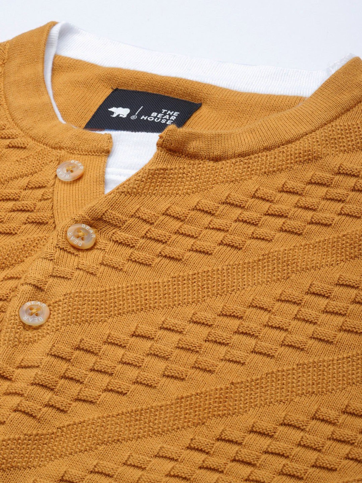 The Bear House Mustard Slim Fit Self Design Sweater
