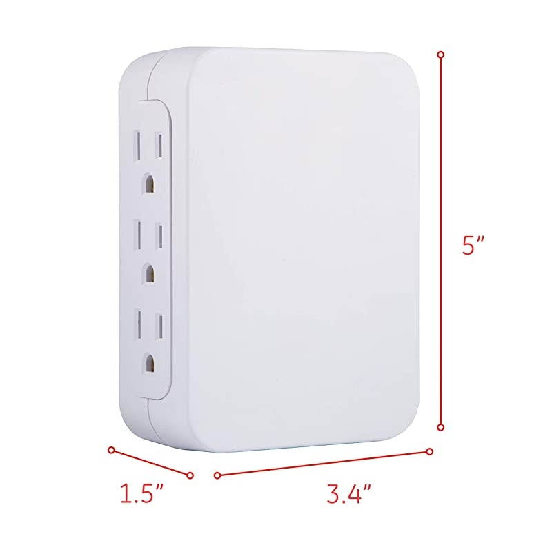 Pro 6 Outlet Wall Tap Sur Protector Side Access Power Outlet Adapter 3 Prong Wall Mount Plug In Outlet Extender 1200 Joules Warranty UL Listed White 10353