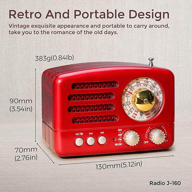 J-160 AM FM Radio Retro Bluetooth Speaker, Transistor Radio Portable Battery Operated Radio with Classical Vintage Look, Built-in USB Port, Micro-SD, AUX Input(Gold)