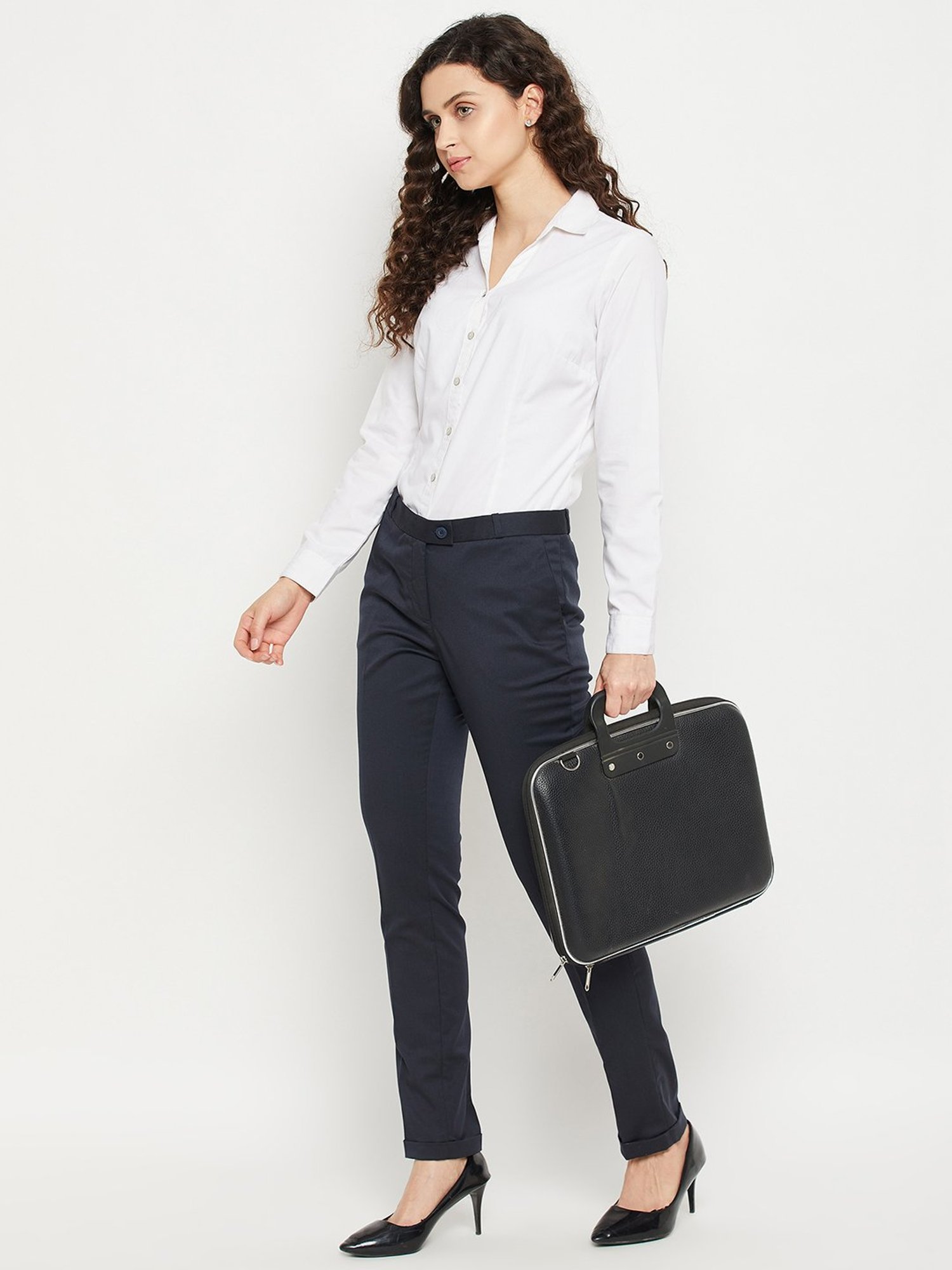 Crozo By Cantabil Dark Navy Mid Rise Flat Front Trousers