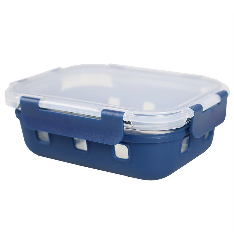 Michael Graves Design Rectangle Medium 21 Ounce High Borosilicate Glass Food Storage Container with Plastic Lid, Indigo