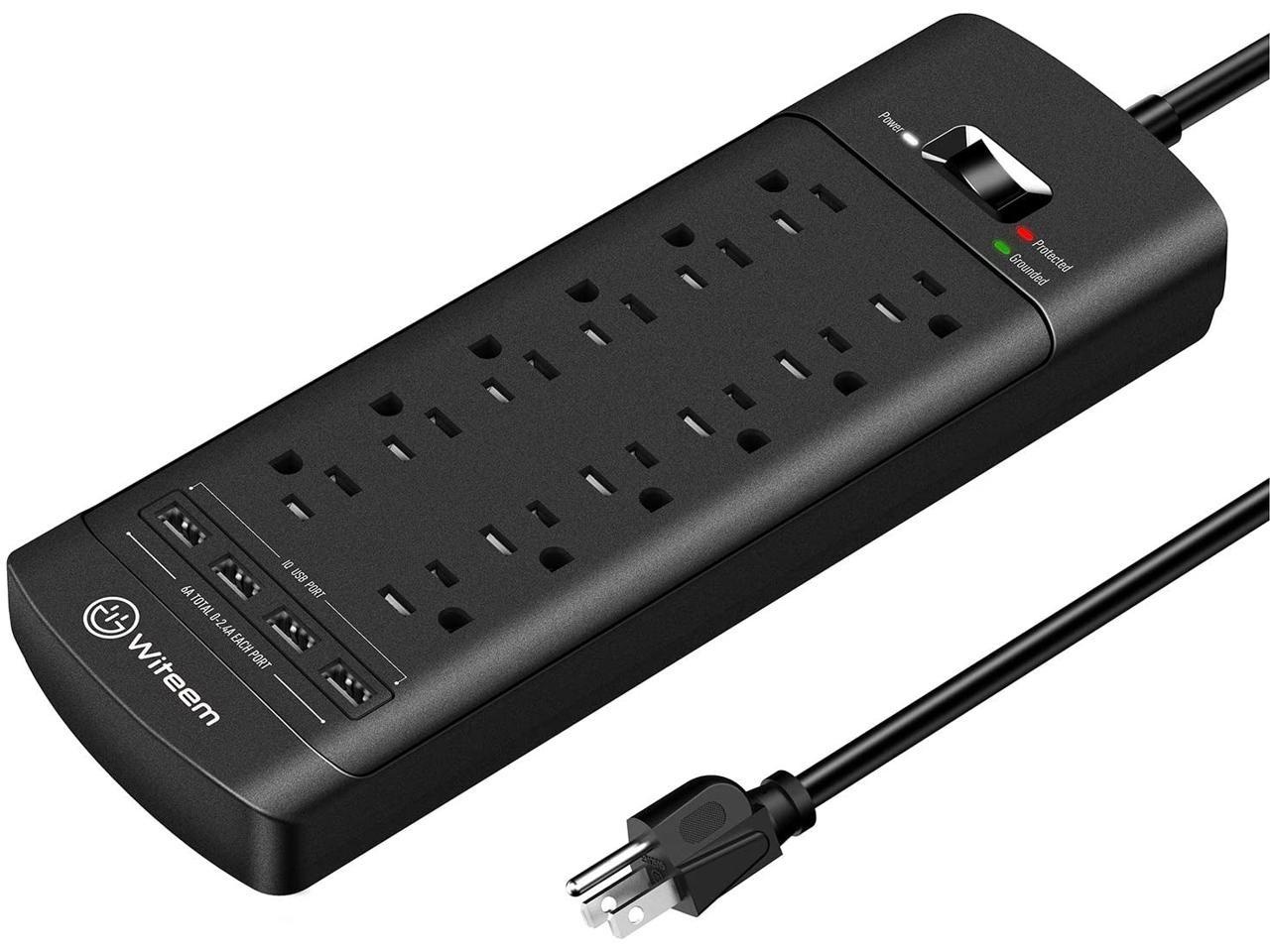 Power Strip,Witeem Surge Protector with 12-Outlet (1875W/15A,4360Joules) and 4 USB Charging Ports (5V/6A,30W),6Ft Extension Cord,Wall Mountable Overload Protection Outlet for Home & Office, Black