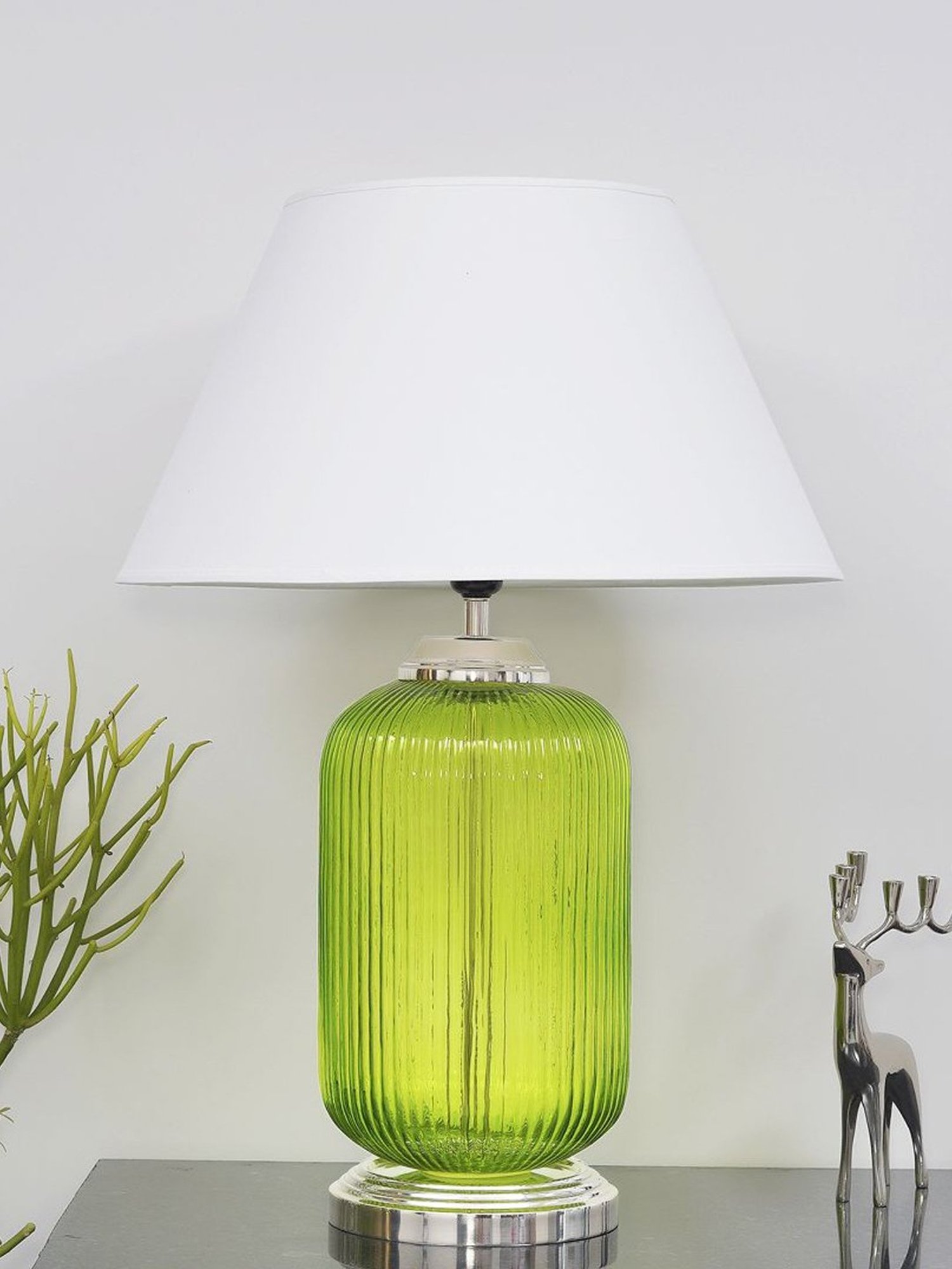 Kapoor Lamp Shades Green & White Glass Maloto Luster Finish Cotton Shade Table Lamp