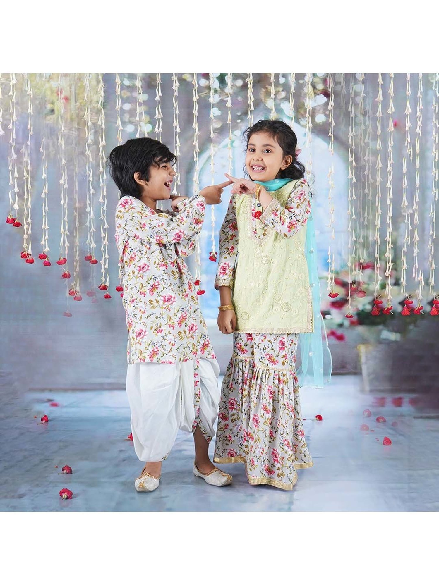 Little Bansi Multicolor Cotton Floral Print Full Sleeves Kurta Set
