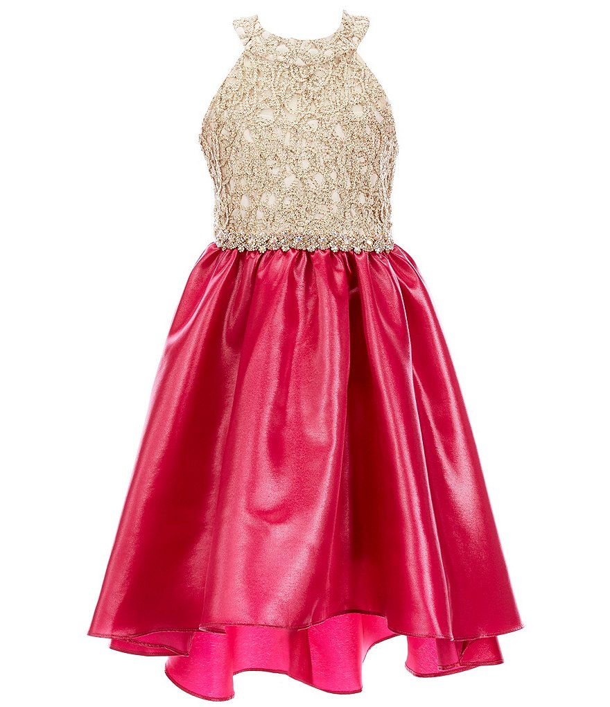 Rare Editions Big Girls 7-16 Halter-Neck Embroidered/Mikado Hi-Low Dress