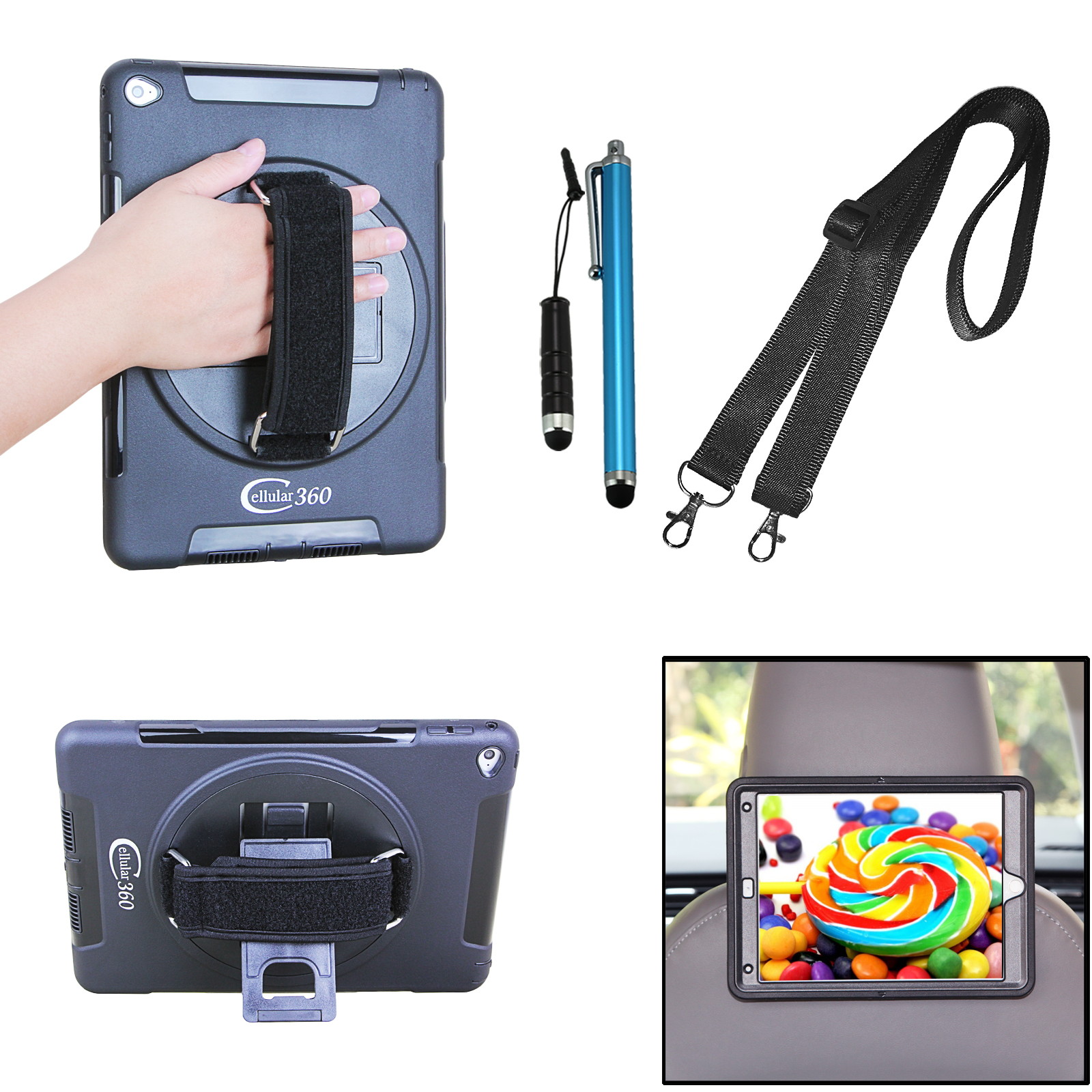 Cellular360 Apple iPad 9.7 2017 2018, iPad 5th Gen., iPad 6th Gen. Shockproof Case with 360 Degrees Rotatable Kickstand, Adjustable Handle and Shoulder Strap