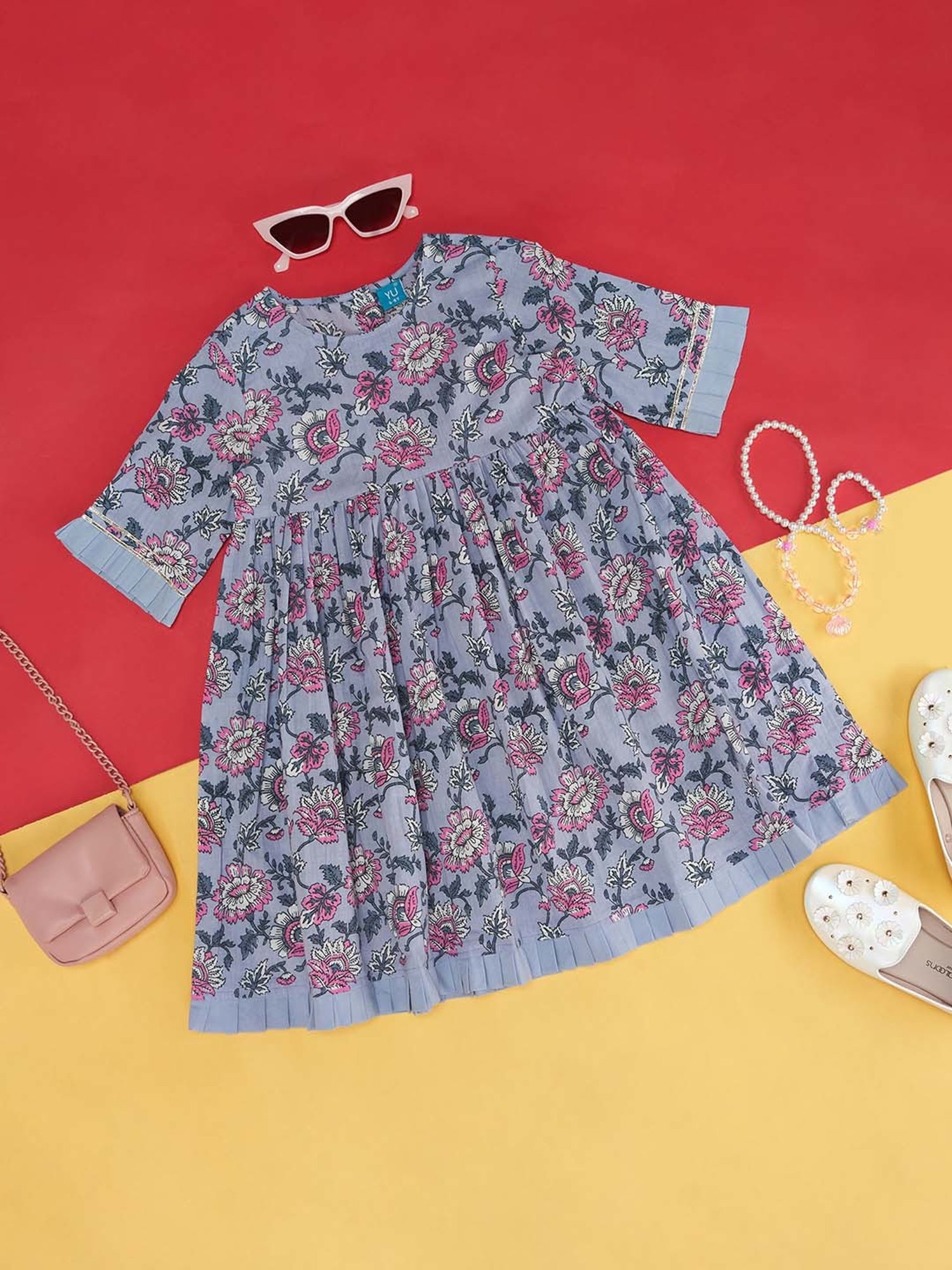 YU by Pantaloons Kids Blue & Pink Cotton Floral Print Dress