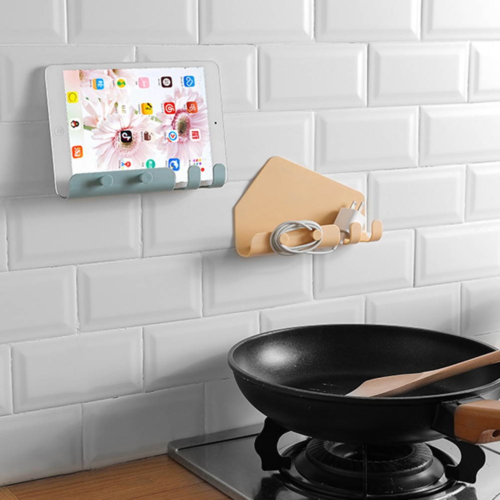 2PCS Sticky Wall Mounted Phone Stand Holder Multifunctional Traceless Charging Shelf with 4 Hooks for Bathroom Living Room (White)