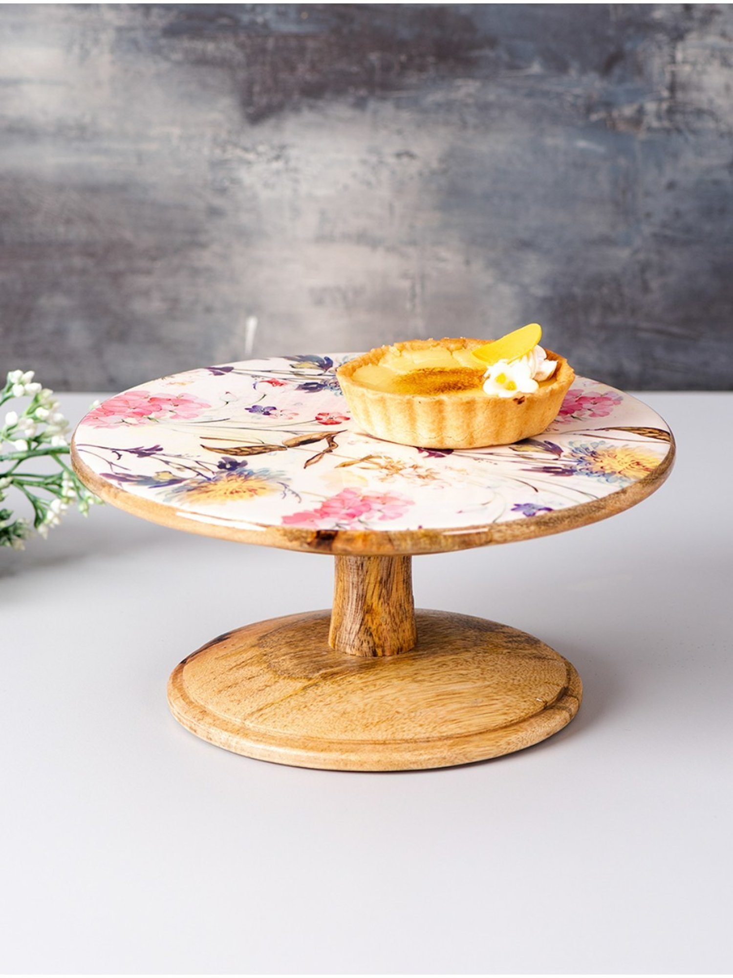 Nestroots White Cake Stand with Tong Printed Cake cutting Holder Round Wooden Cup Cake Table Stand