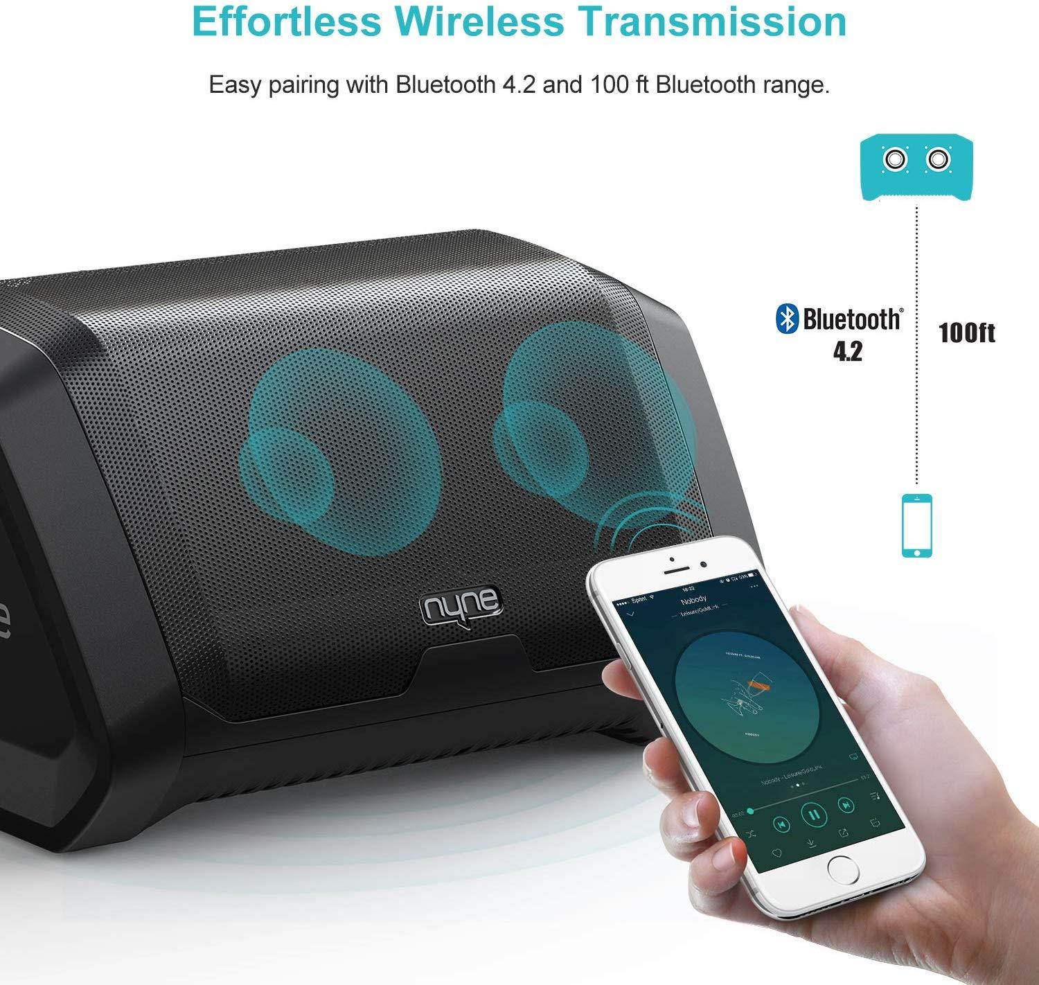 NYNE Punch Portable Wireless Bluetooth Speakers 4.2 Waterproof IP67, 20 Hours Play-time, 100 ft Range,Stereo Pairing, Durable and Loud Speakers Compatible iPhone/Samsung, Outdoor/Beach/Travel,Black