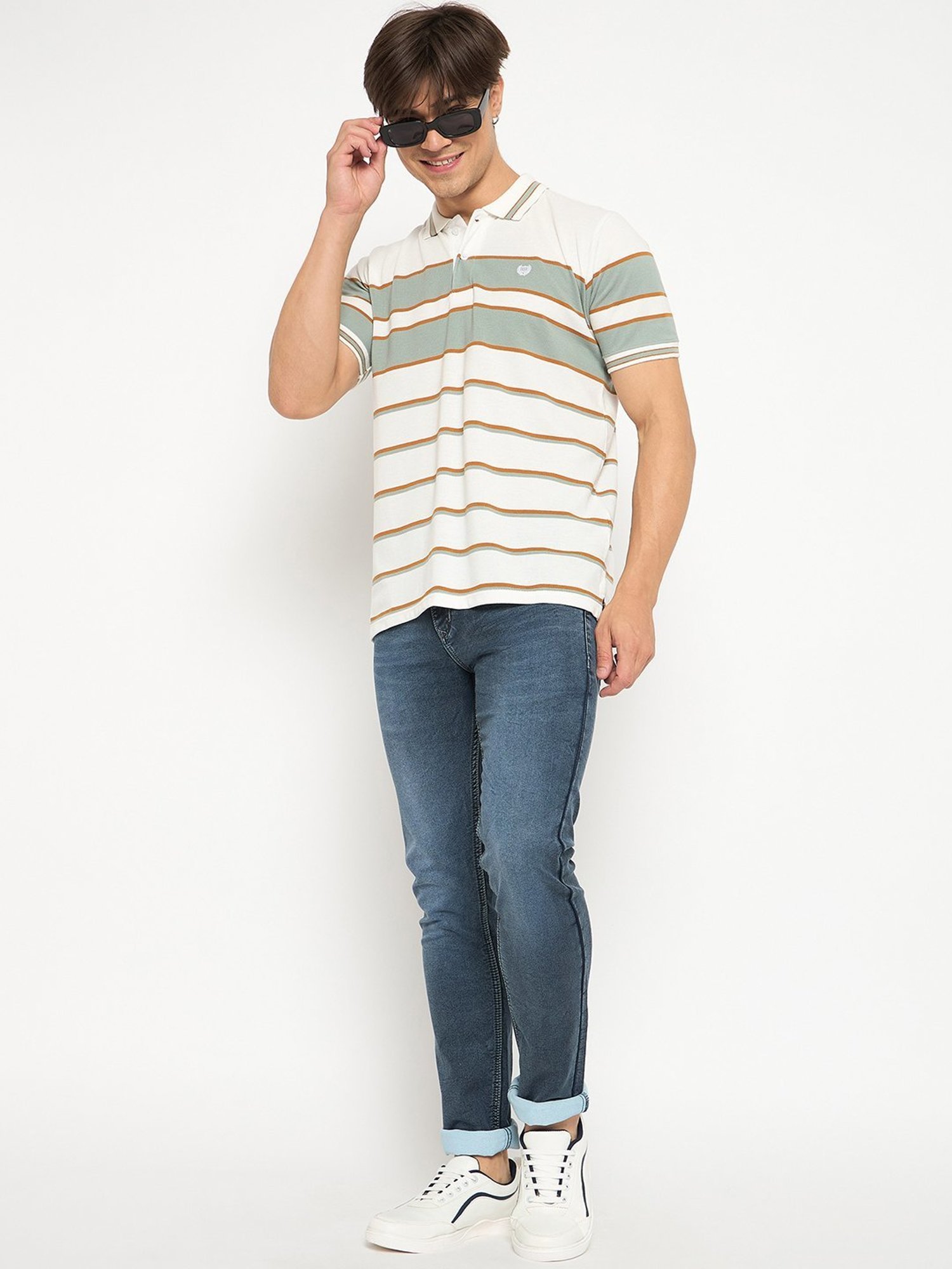 Duke White & Green Slim Fit Striped Polo T-Shirt