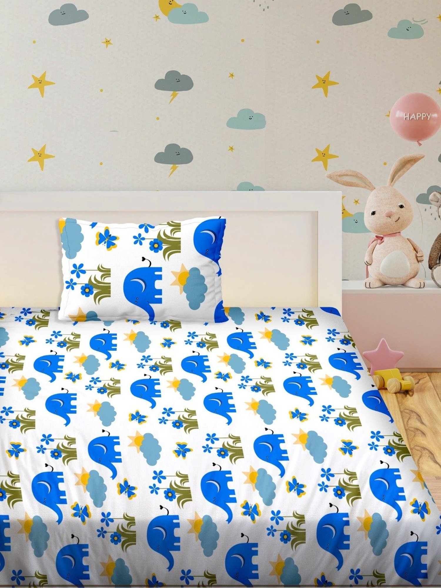 BELLA CASA Kidz Kindom Printed Multicolor 180 TC Cotton Single Bedsheet with 1 Pillow Cover