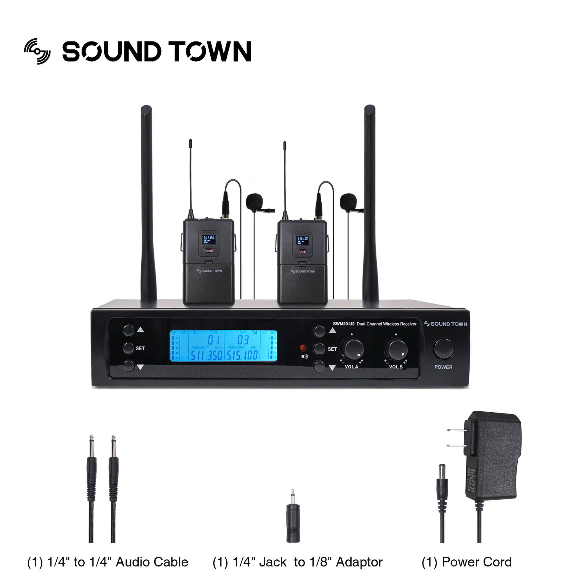 Sound Town 200-channel Professional UHF Wireless Microphone System with 2 Lavalier Mics, for Church, School, Business Meeting, Party (SWM20-U2LL)