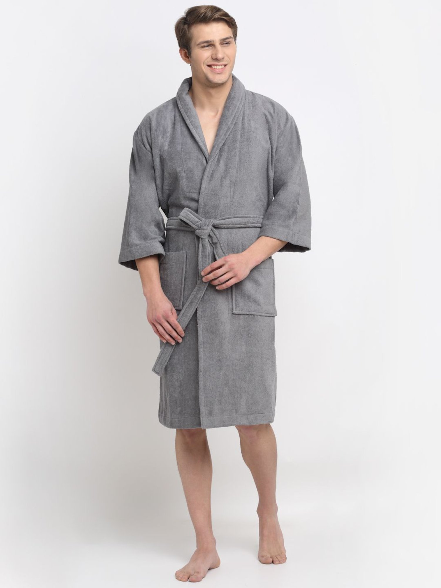 Creeva Everyday Red & Navy 225 GSM Micro Terry Bathrobe with Front Pocket & Kimono Collar
