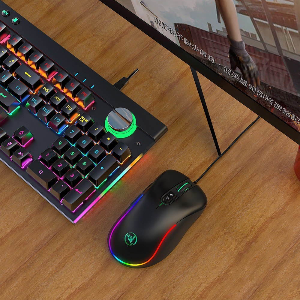 HXSJ J300 Wired Gaming Mouse Seven-key Macro Programming Mouse Six Adjustable DPI Colorful RGB Gaming Mouse Black