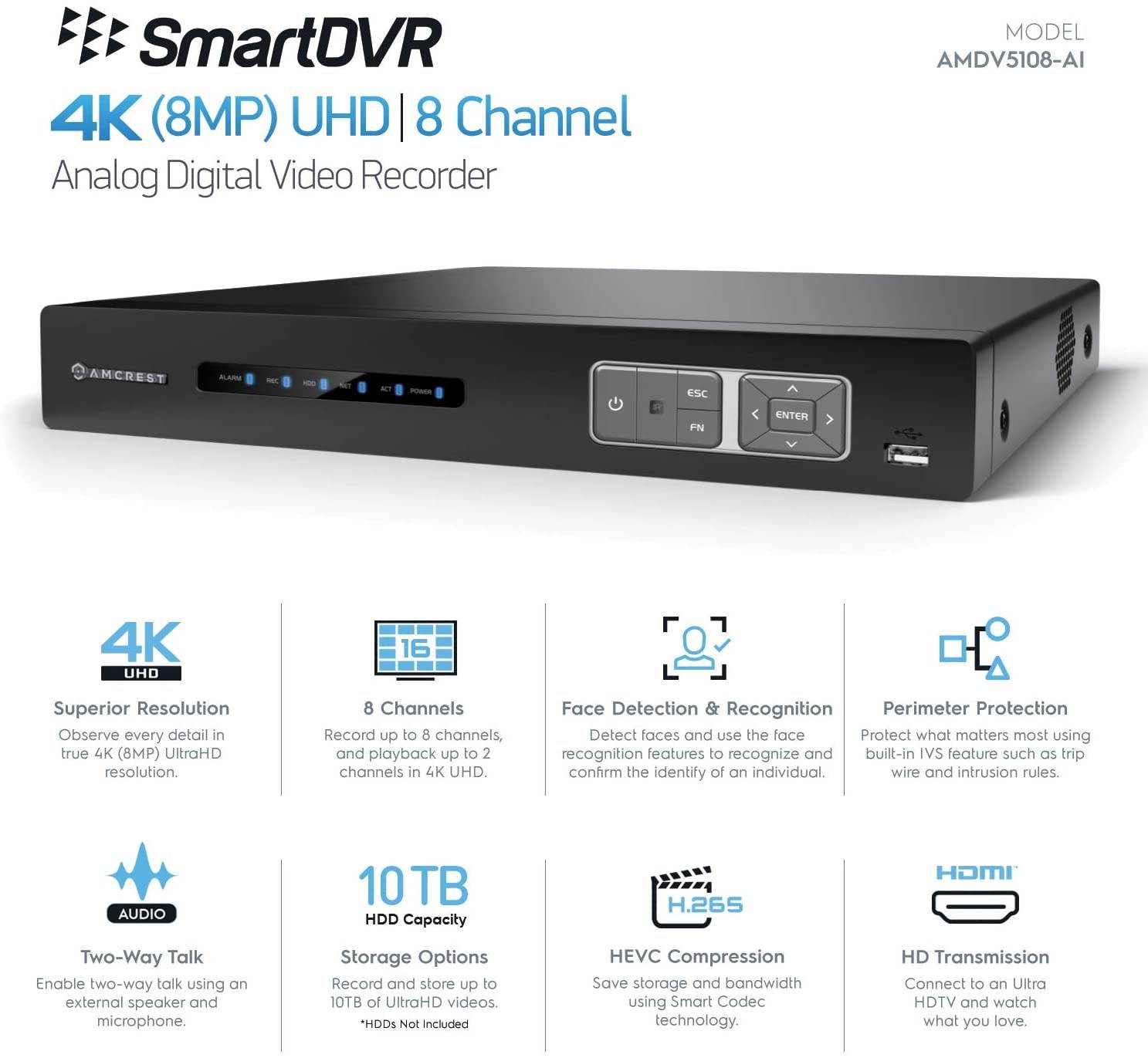 amcrest 4k ultrahd 8 channel ai dvr security camera system recorder, 8mp security dvr for analog security cameras & amcrest ip