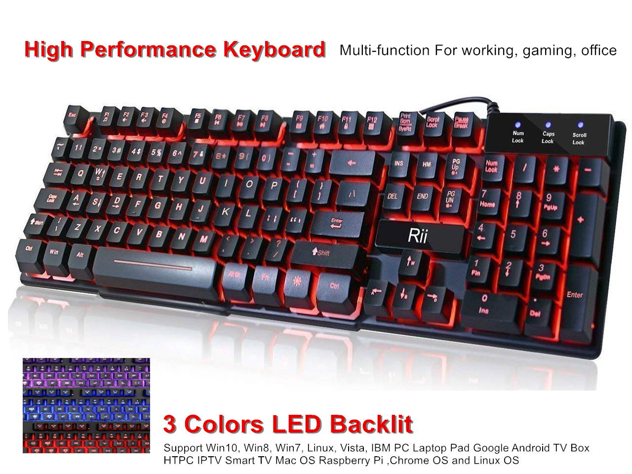 High Performance wired Keyboard, 3 Colors LED Backlit USB Wired Multimedia Keyboard For working, gaming, office, Standard 104 Keys, Automatically sleeping modes, Mechanical feeling Keyboard
