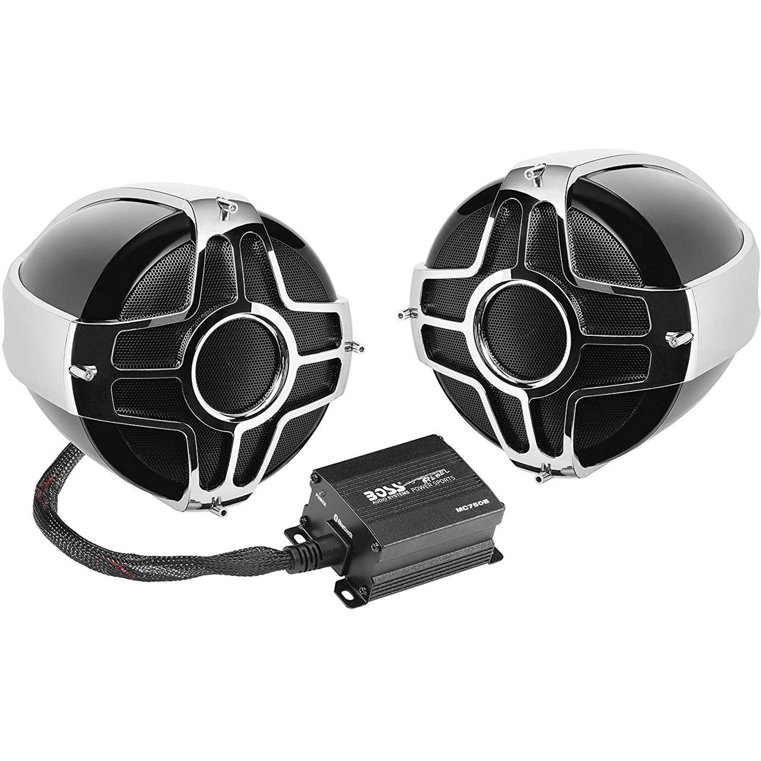 boss audio mc750b bluetooth, weatherproof speaker and amplifier sound system, two 4 inch speakers, bluetooth amplifier, inline volume control, ideal for motorcycles/atv and 12 volt applications