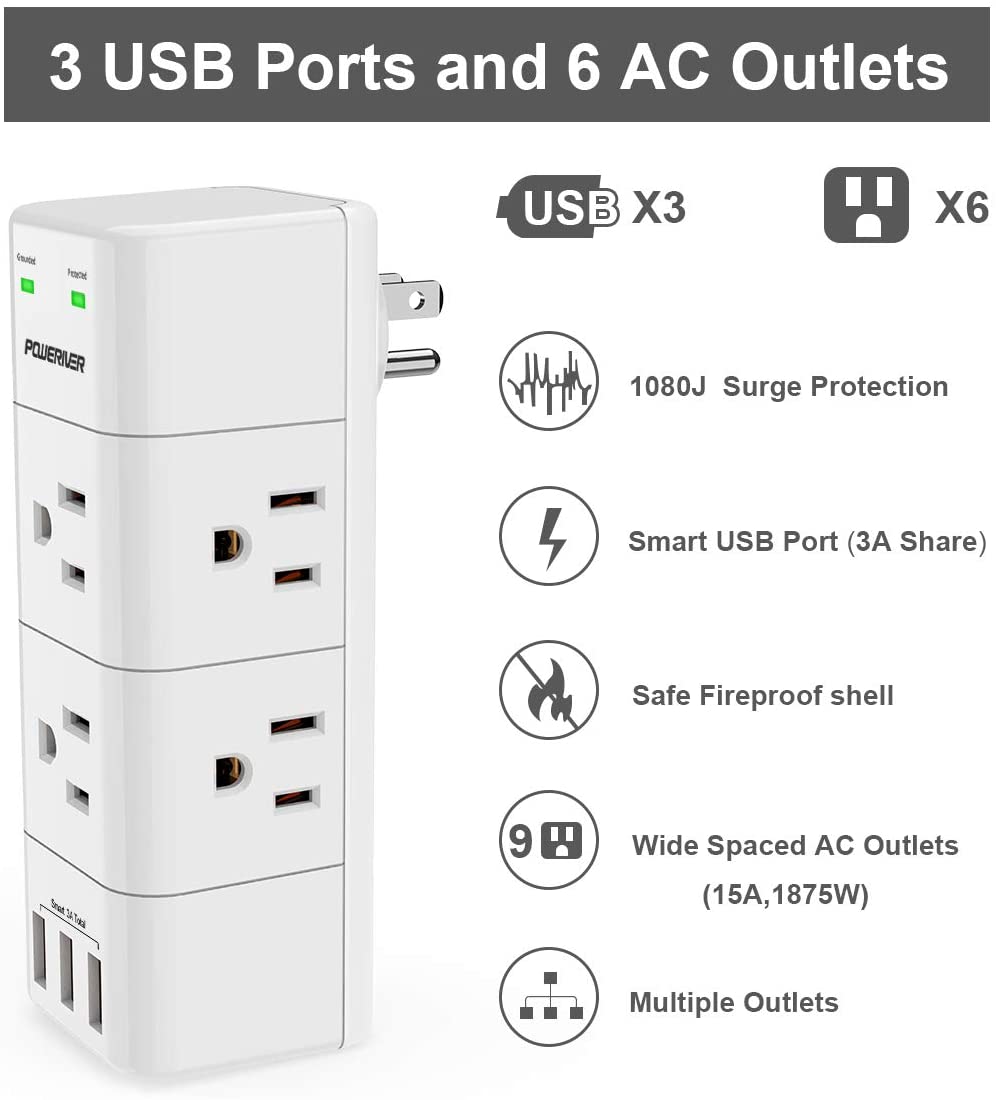 Surge Protector Wall Mount , Outlet Splitter with Rotating Plug, Power Strip with 6 Outlet Extender (3 Side) and 3 USB Ports, 1680 Joules, for Home/School/Office/Travel, White