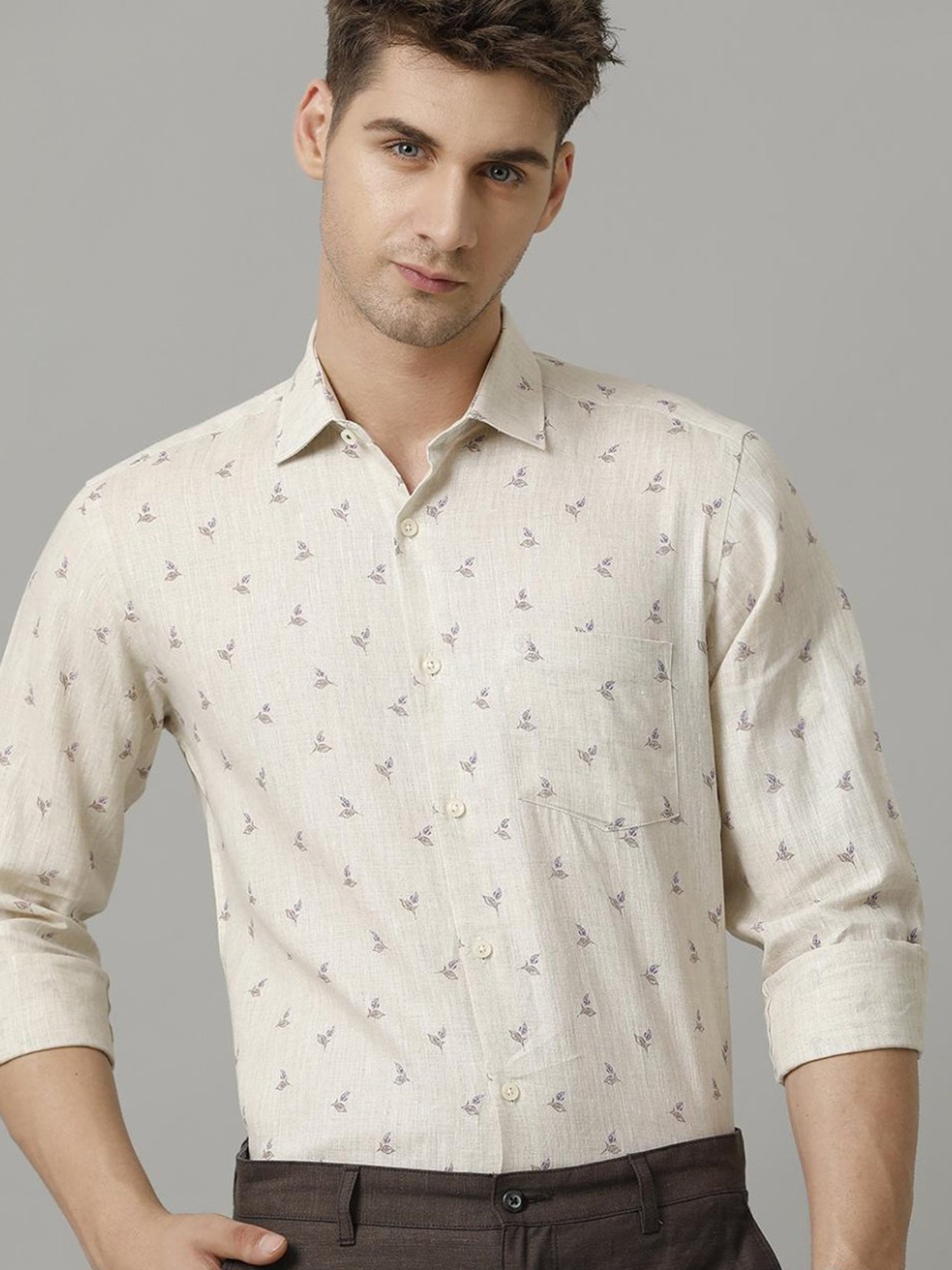 Linen Club Beige Linen Contemporary Fit Printed Shirt