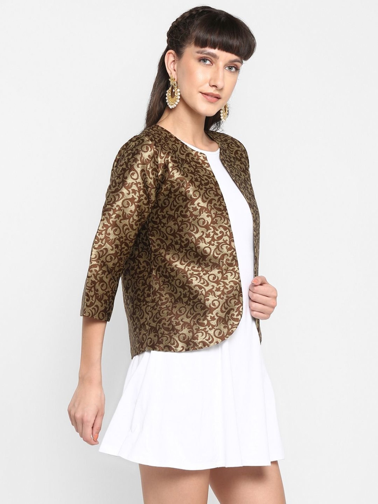 Hangup Brown Jacquard Pattern Shrug