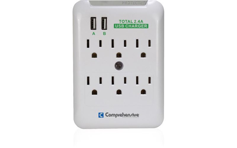 Comprehensive Wall Mount 6-Port Surge Outlet - 6 x AC Power, 2 x USB