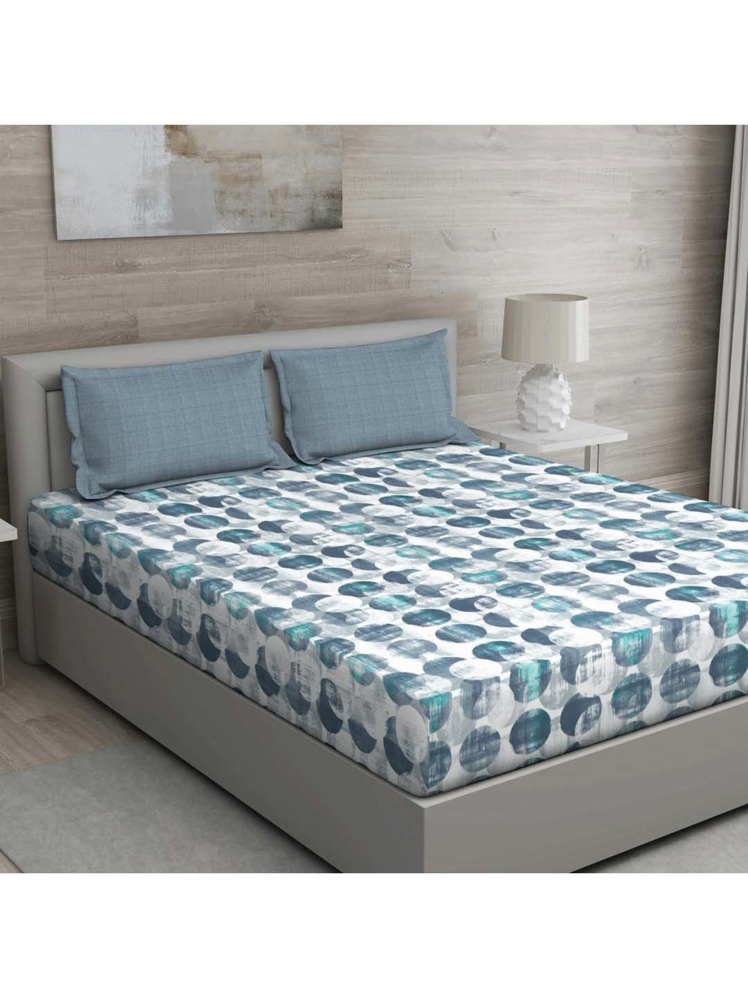 GM 'Regal' Blue & Grey Cotton 144 TC Double Bedsheet with 2 Pillow Covers