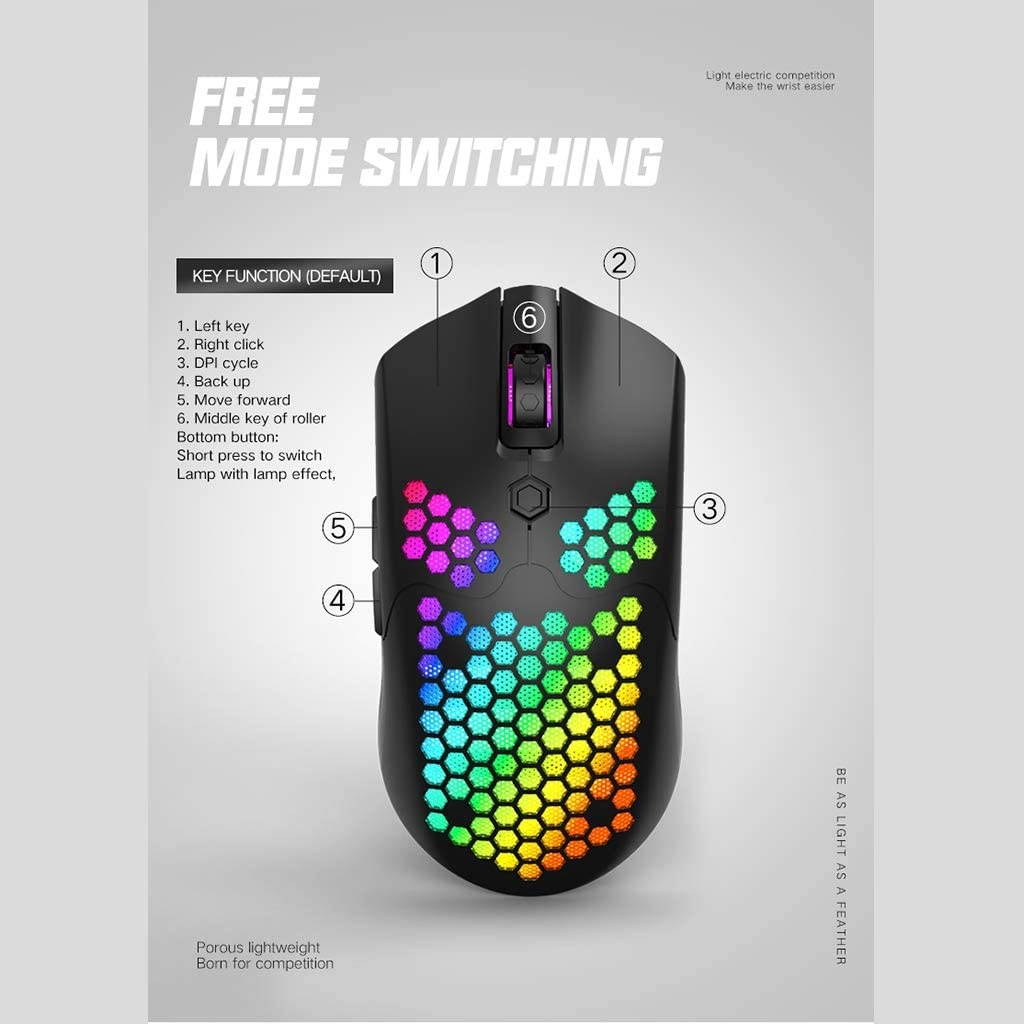 Ajiestour X2 12000DPI Dual Mode Gaming Mouse 7 Keys Hollow Out Design Wireless Mouse with RGB Light Effect for Laptop PC Computer