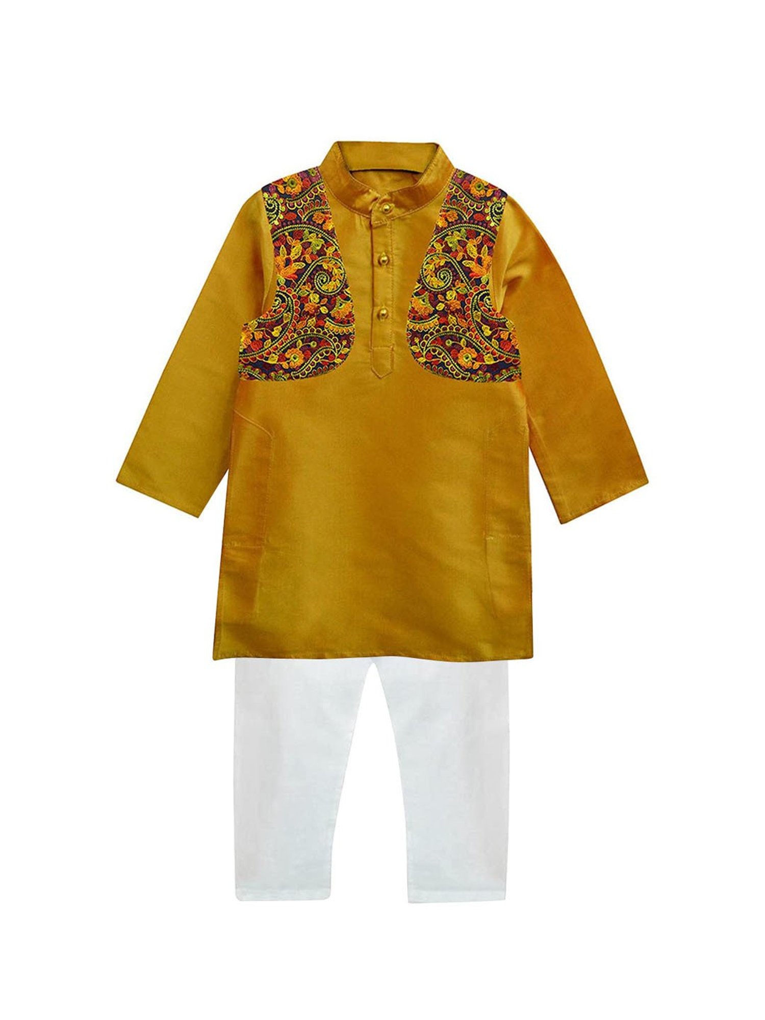 A.T.U.N. Mustard & White Embroidered Full Sleeves Kurta with Jacket & Pyjamas