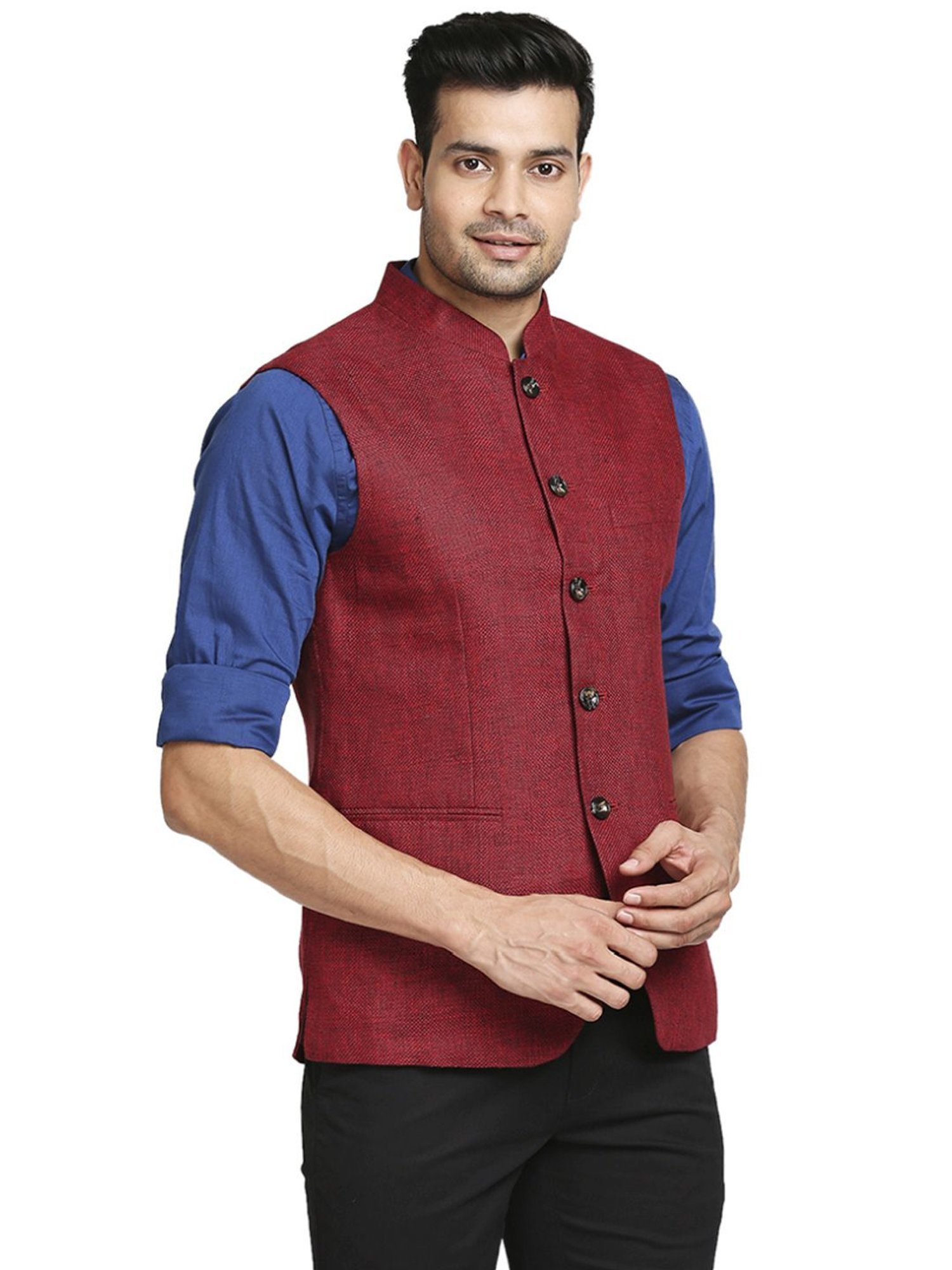 Colorplus Dark Red Tailored Fit Self Pattern Nehru Jacket