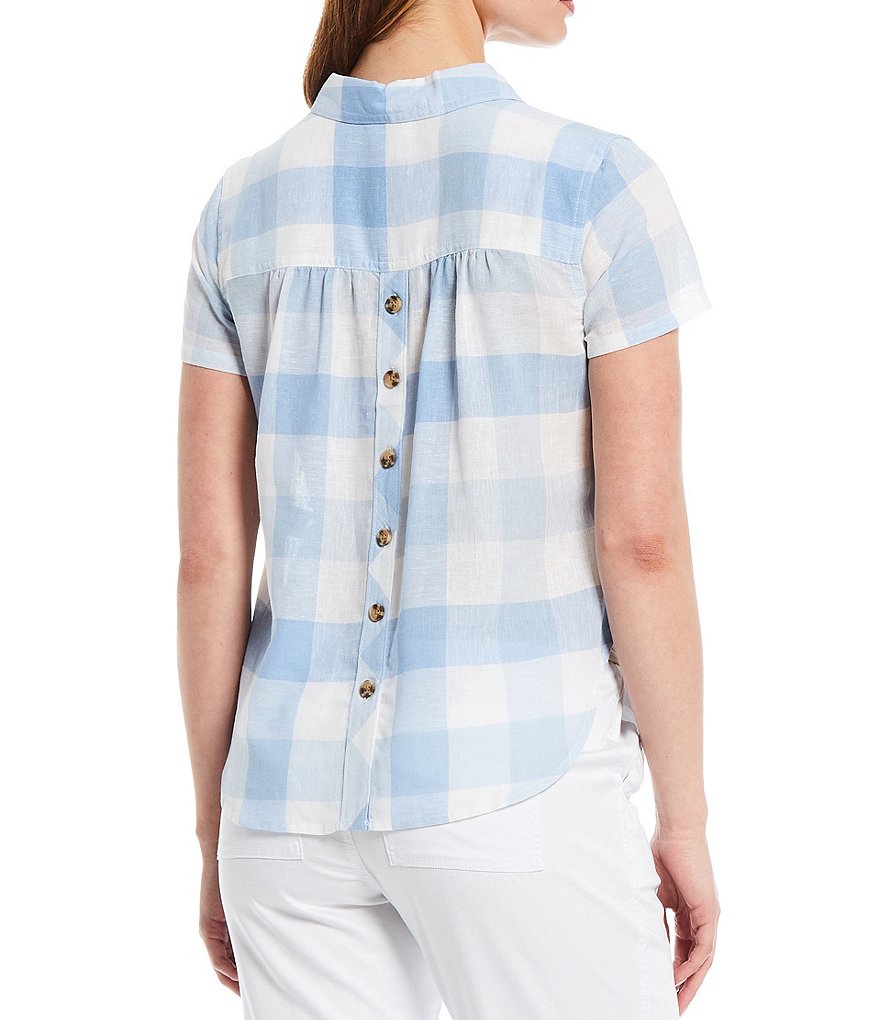 Calessa Petite Size Matte Jersey Knit Button Front Roll Tab Blouse