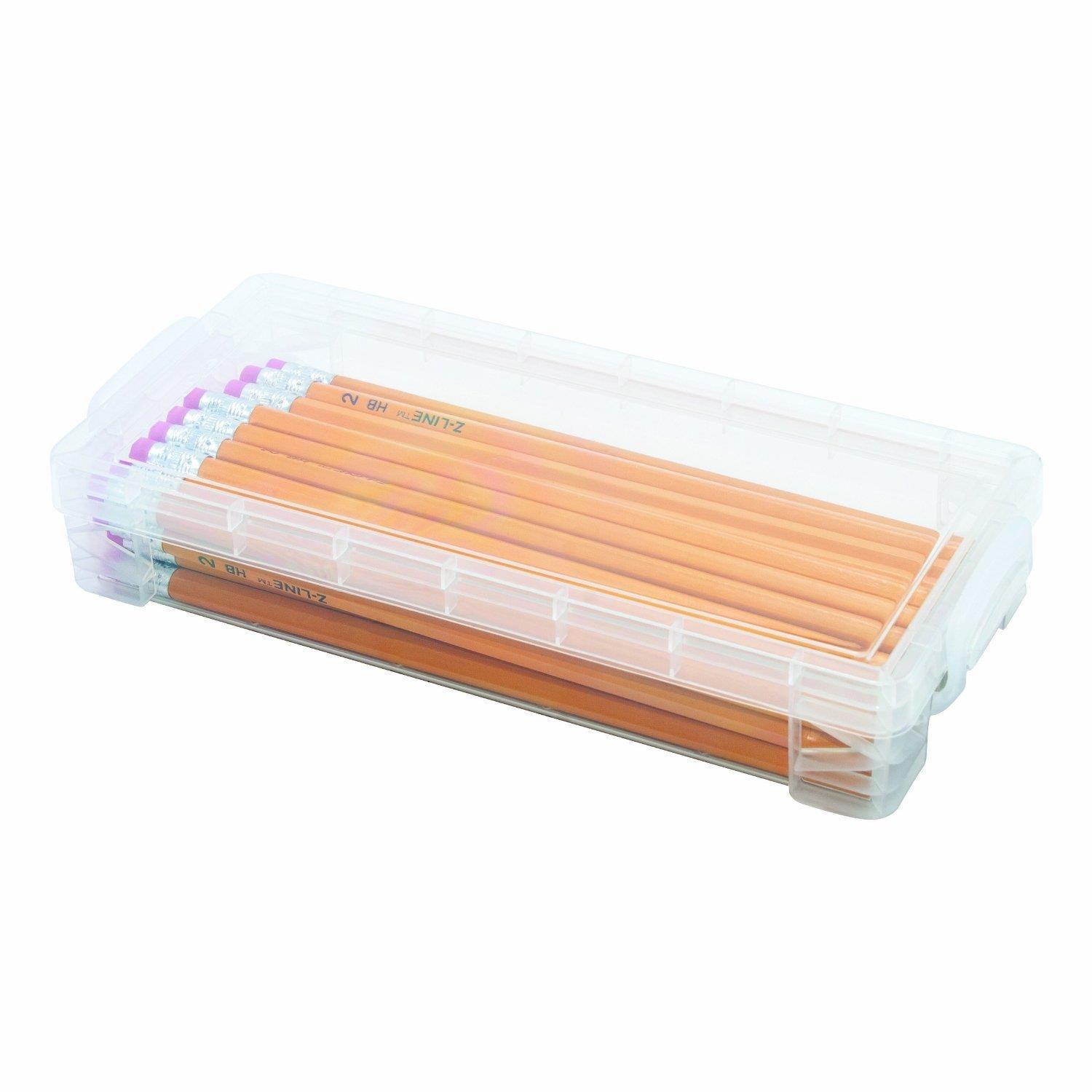 1InTheoffice Pencil Box, Stackable Translucent Clear 8.25 x 1.5 x 4 Inches, (4 Pack)