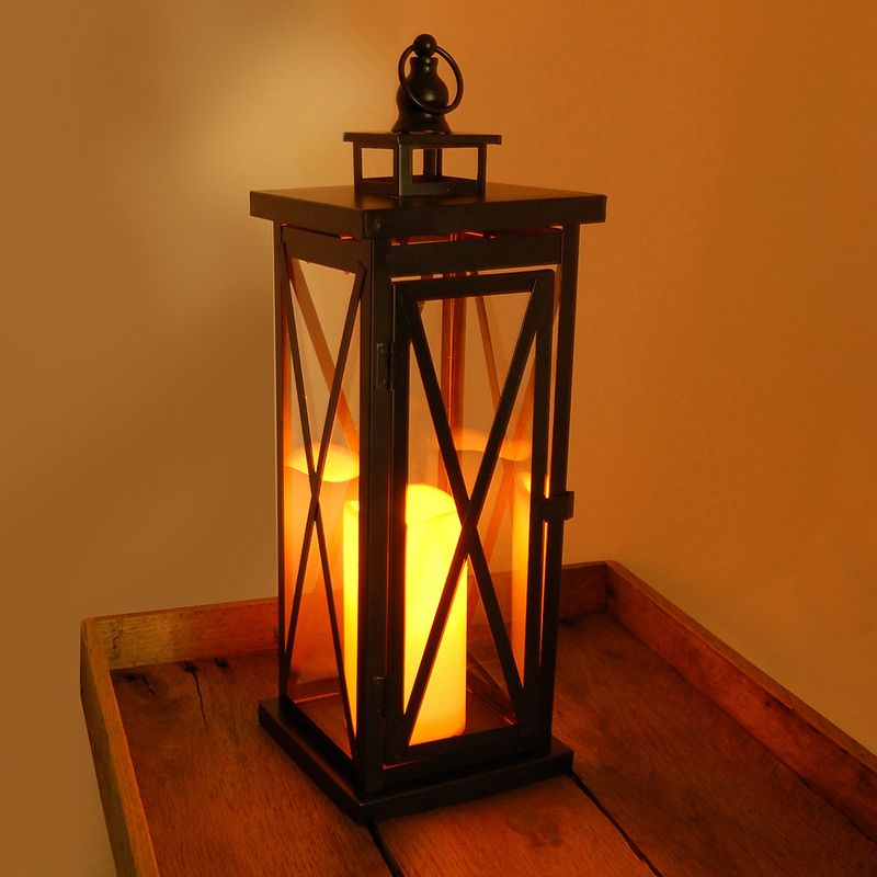Criss Cross Metal LED Lantern With Battery Operated Candle Brown - LumaBase