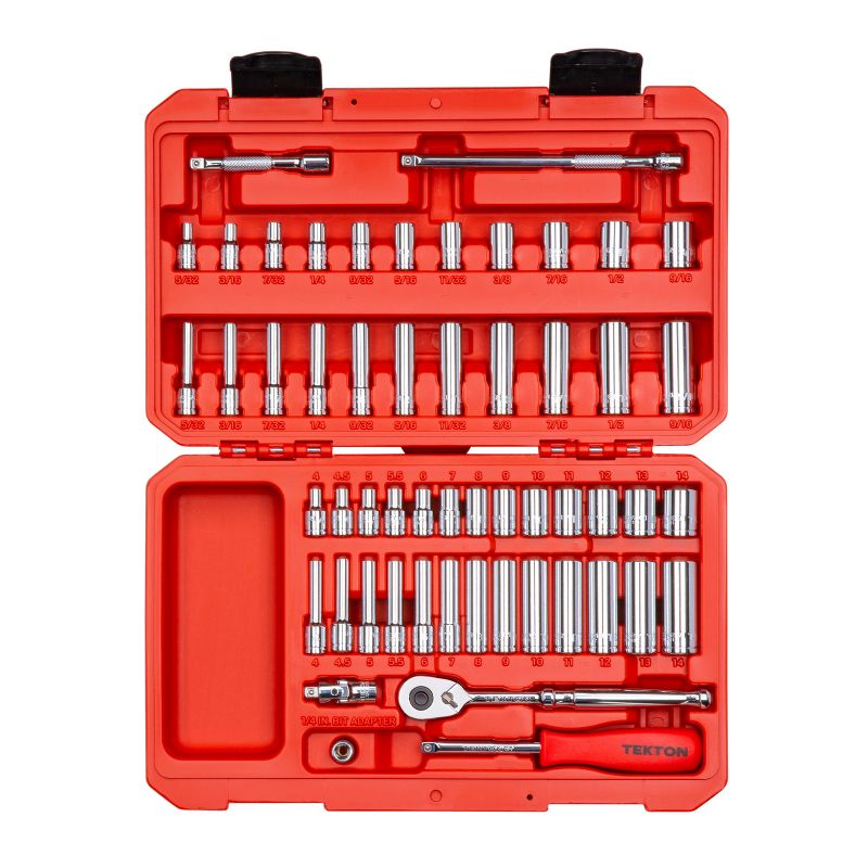 TEKTON SKT05302-D 55-Piece 0.25-Inch Drive 12-Point Universal Imperial Metric Socket and Ratchet Tool Set (5/32 - 9/16 in., 4 - 14 mm)