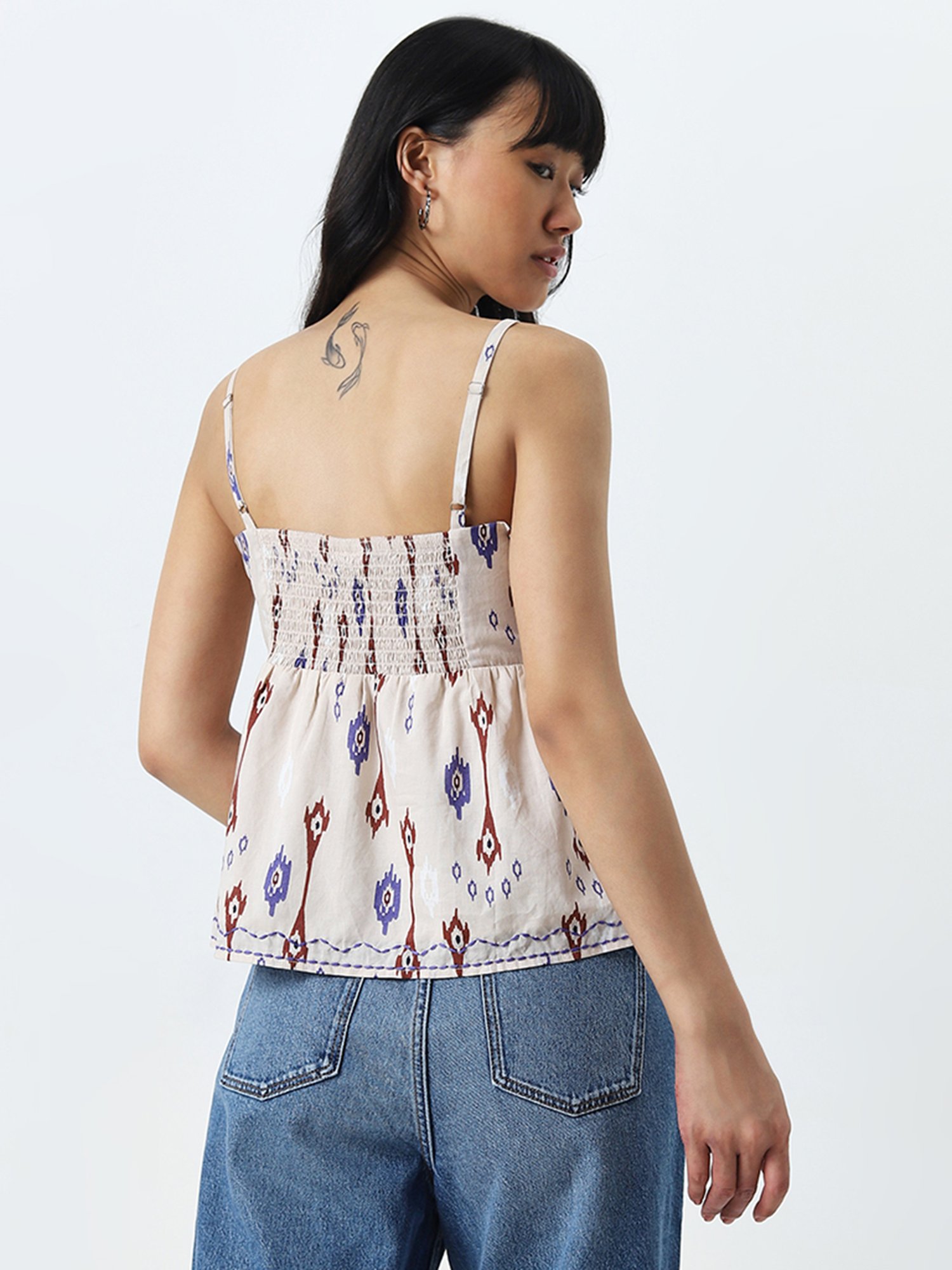 Bombay Paisley by Westside Light Beige Ikat Embroidered Cotton Top