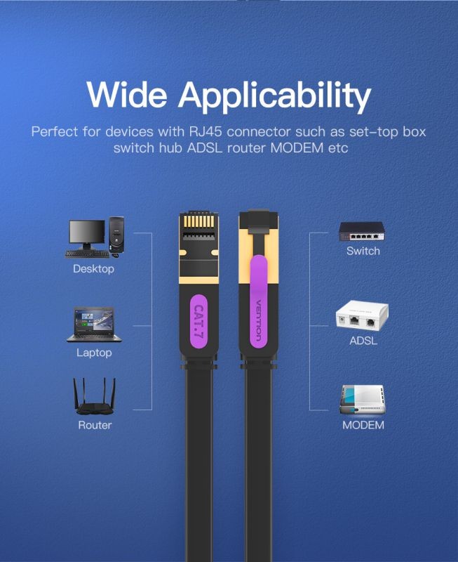 Cat7 Ethernet Cable, Vention Flat High Speed 10 Gigabit LAN Network Patch Cable with Clips, Faster Than Cat6 Cat5e, Shielded RJ45 Connectors for Xbox One, Switch, Router, Modem, Printer- Black/6ft