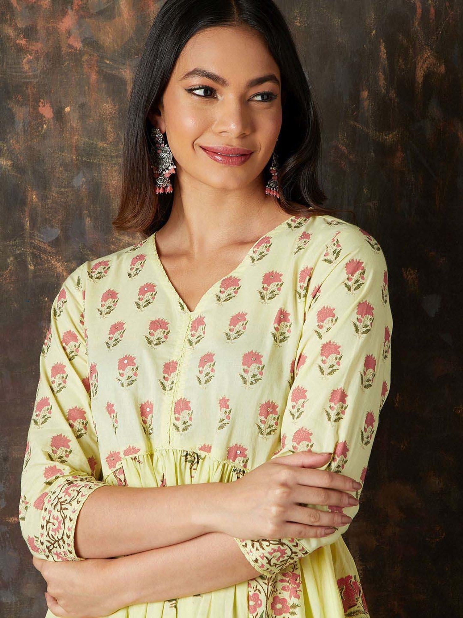 Melange by Lifestyle Yellow Cotton Printed Kurta Palazzo Set