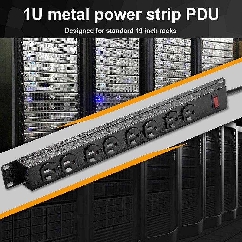BESTTEN 1U Rack Mount PDU Power Strip, 8-Outlet Metal Surge Protector with 10-Foot Cord and Circuit Breaker, 15A/125V, UL Listed, Black
