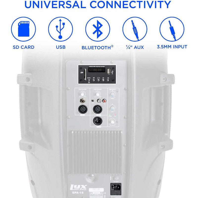 LyxPro 15 Inch PA Active Speaker System Compact And Portable With Equalizer, Bluetooth, MP3, USB, SD Card Slot, XLR, 1/4", 3.5mm Input, Carry Handles, SPA-15