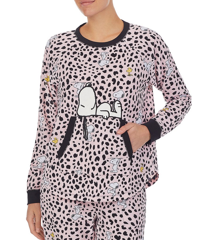 Peanuts Leopard & Snoopy & Woodstock Printed French Terry Long Sleeve Crew Neck Coordinating Sleep Top