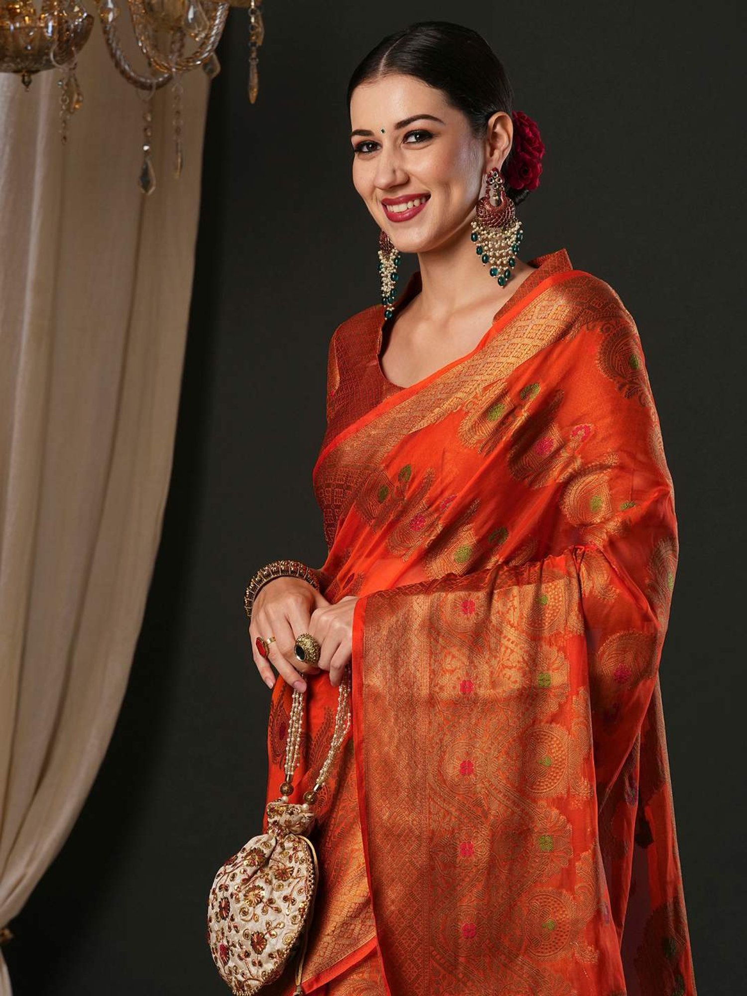 Saree Mall Orange Woven Saree With Unstitched Blouse