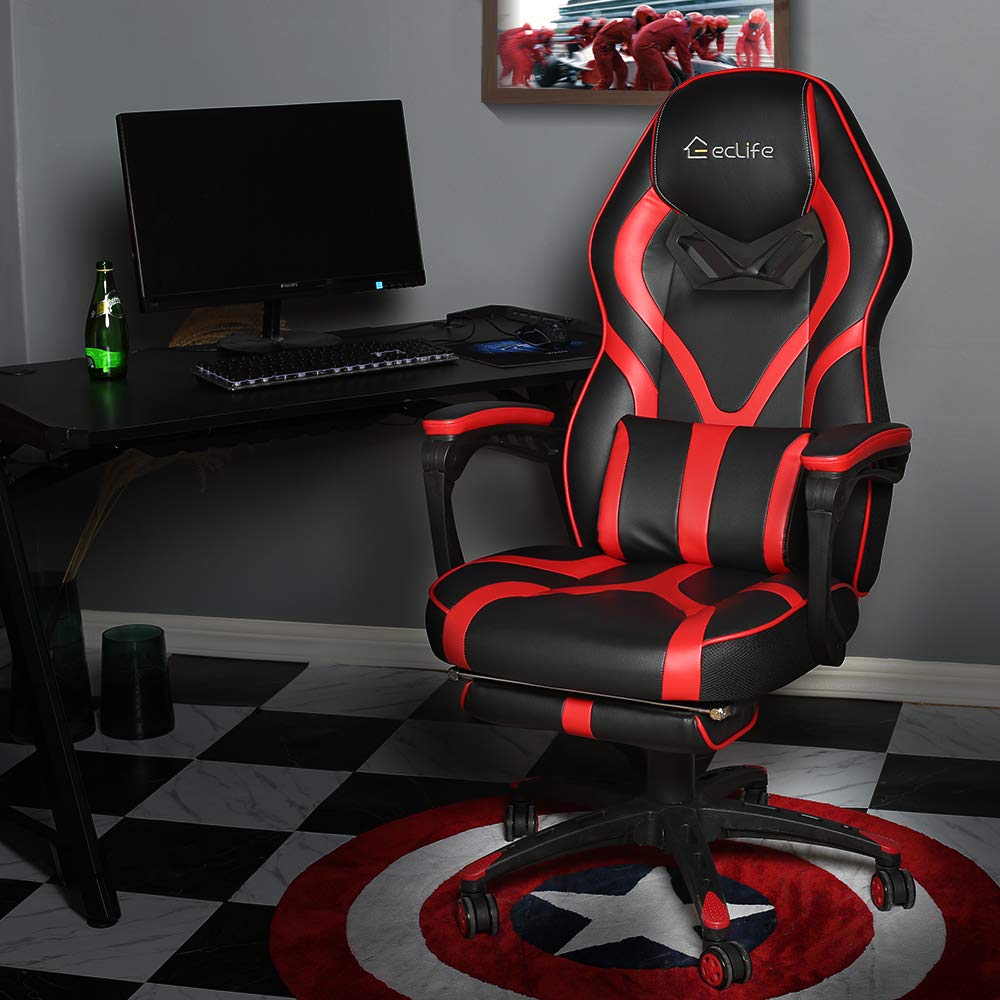 Eclife Gaming Chair Office Chair High Back Computer Chair Leather Desk Chair Ergonomic Adjustable Swivel Task Chair with Massage Lumbar Support and Footrest