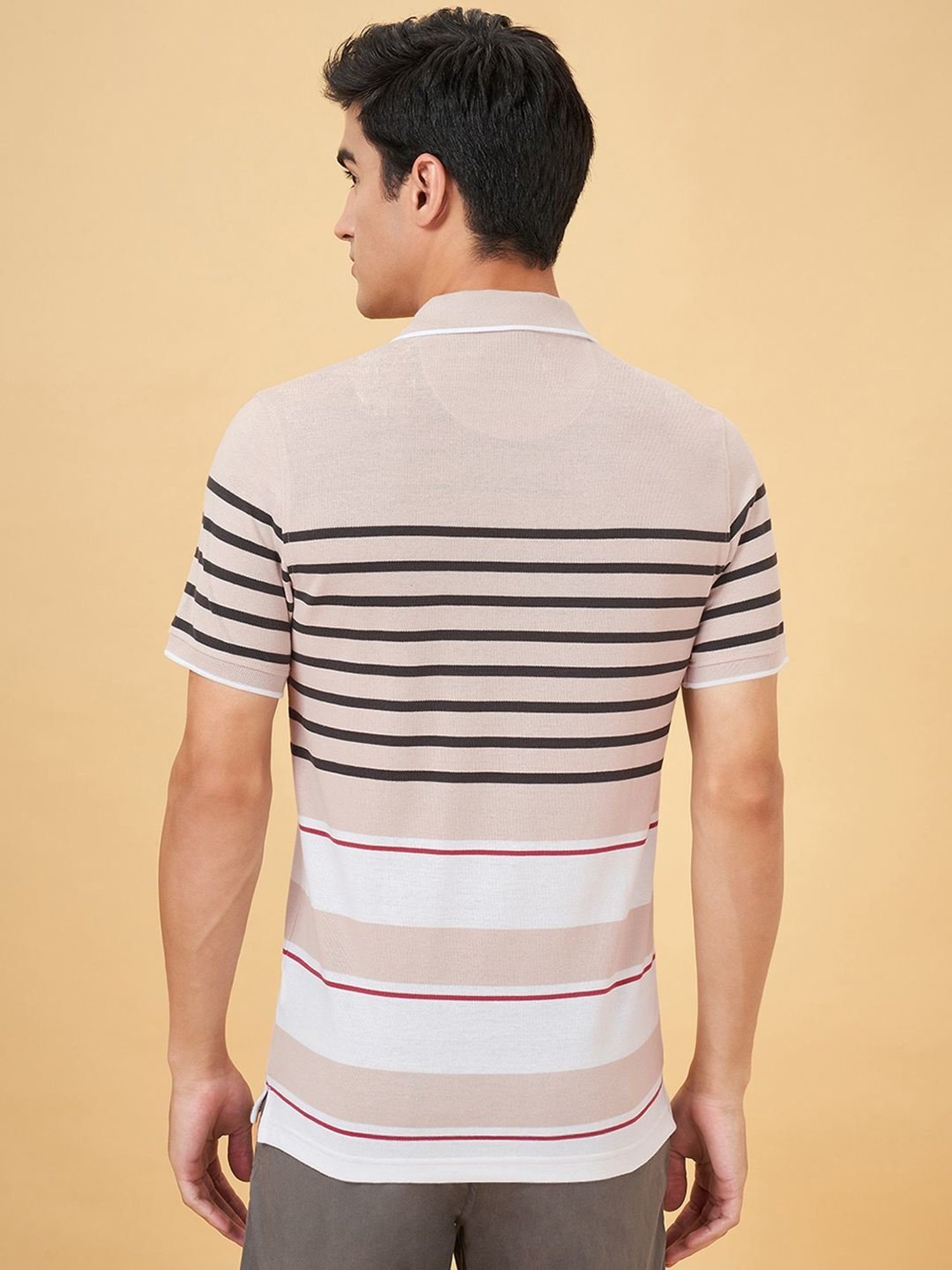 Byford By Pantaloons Beige Slim Fit Striped Polo T-Shirt